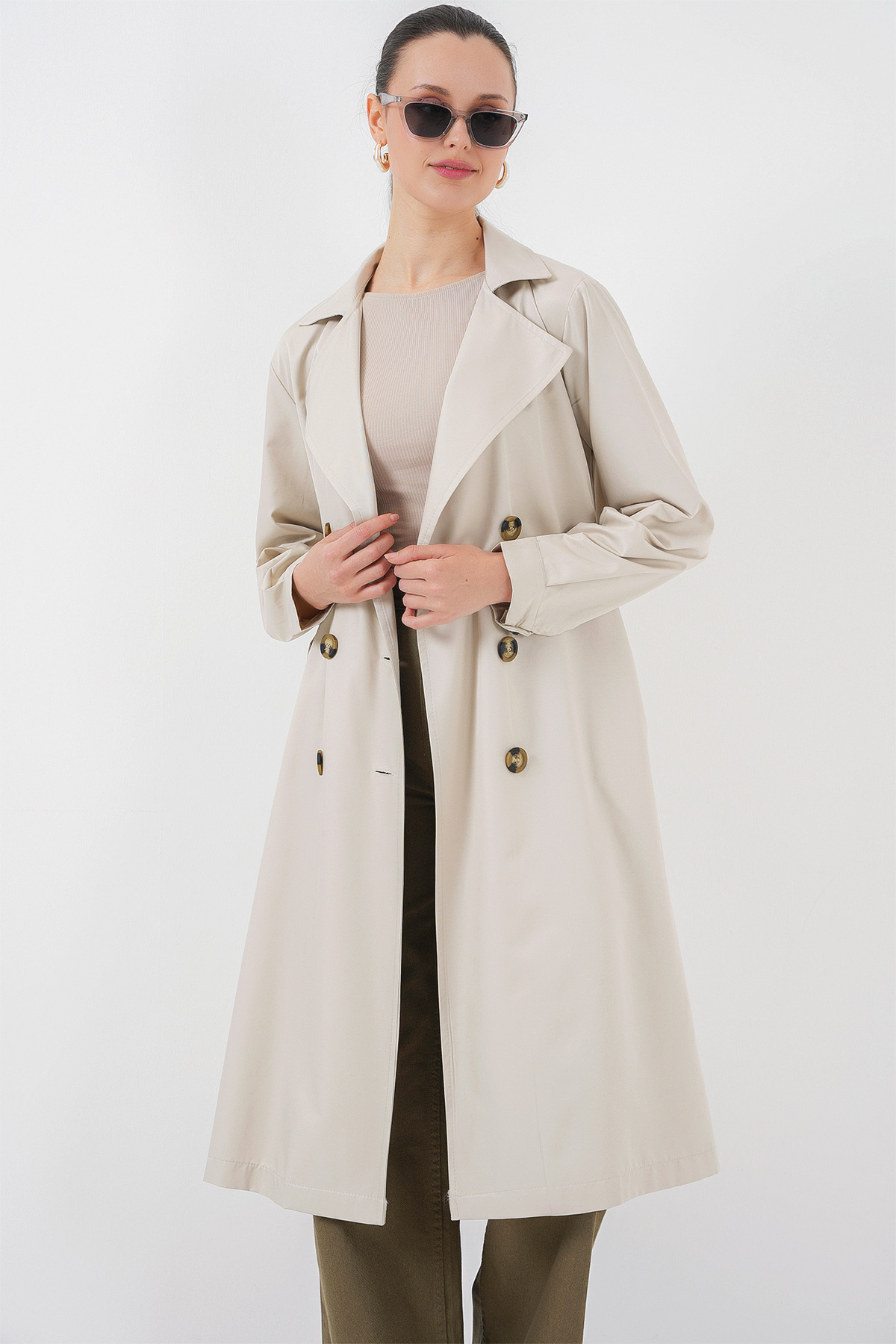 5853 Kruvaze Yaka Trençkot - A.bej