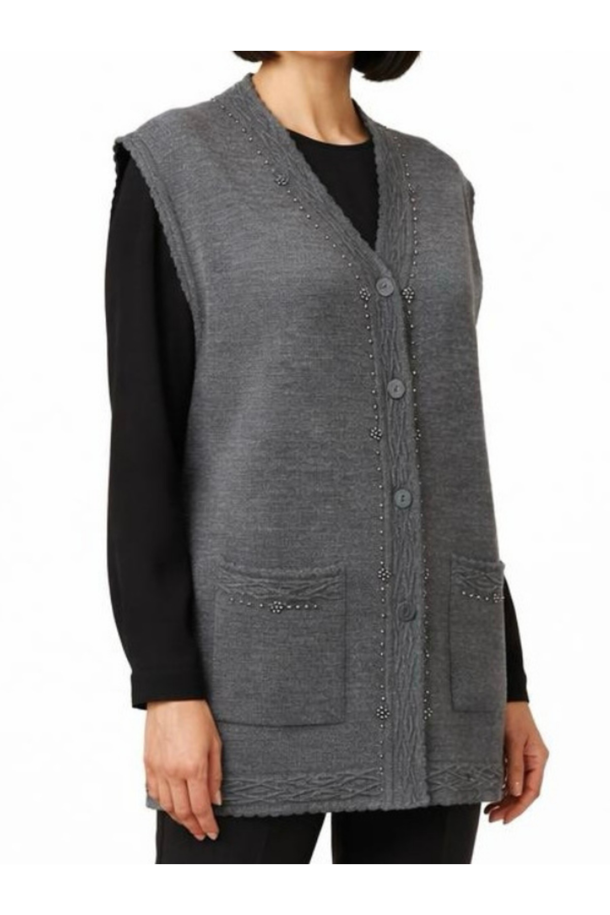 Boncuklu Şık Desenli Anne Yeleği Inci Detaylı / Antrasit