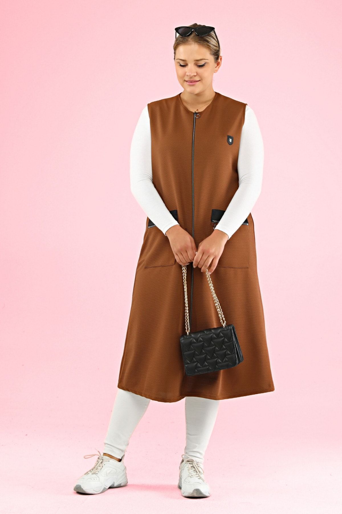 Kadin Uzun Kolsuz Fermuarli Yelek Deri Cepli Ottoman Kahverengi