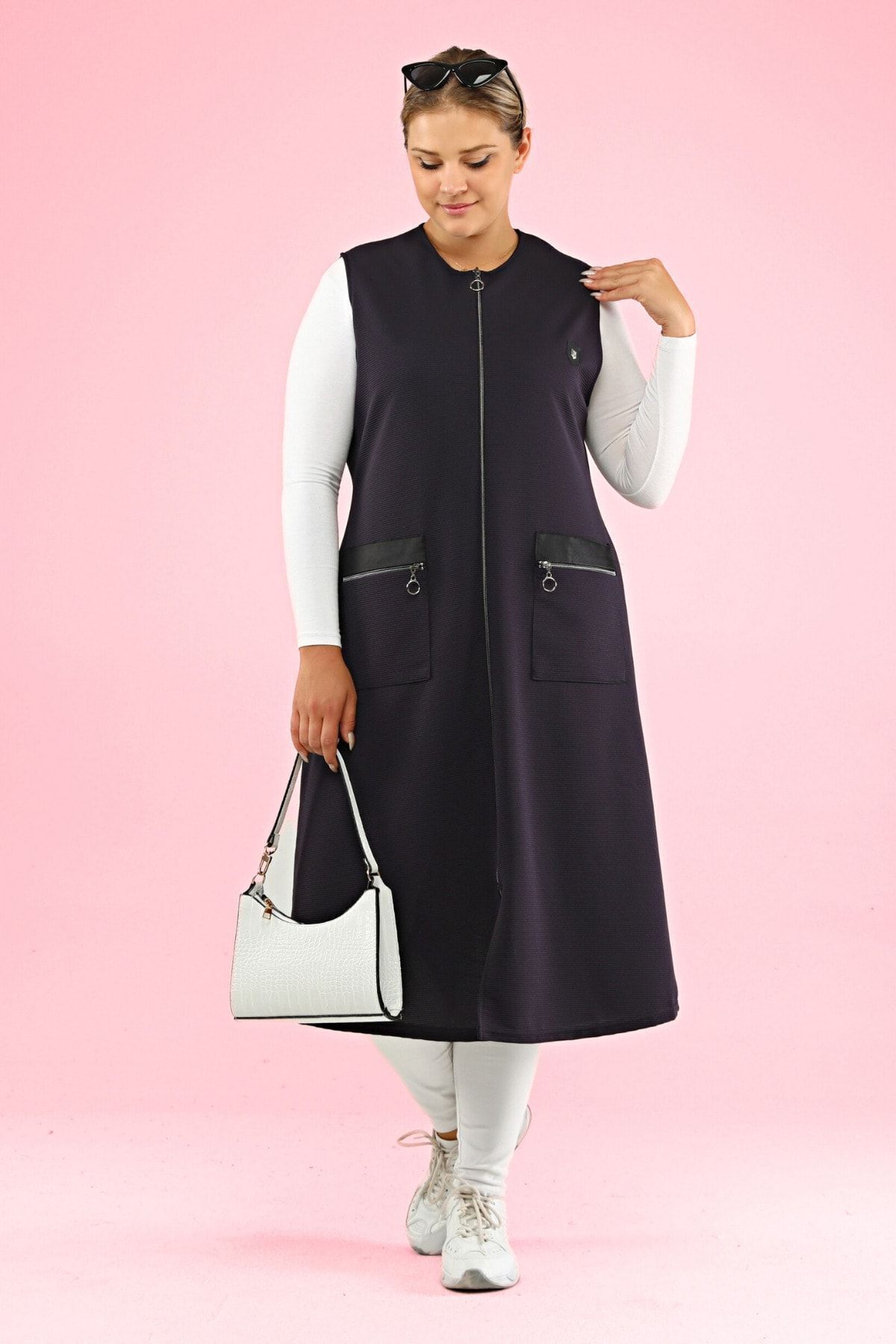 Kadin Uzun Kolsuz Fermuarli Yelek Deri Cepli Ottoman Lacivert