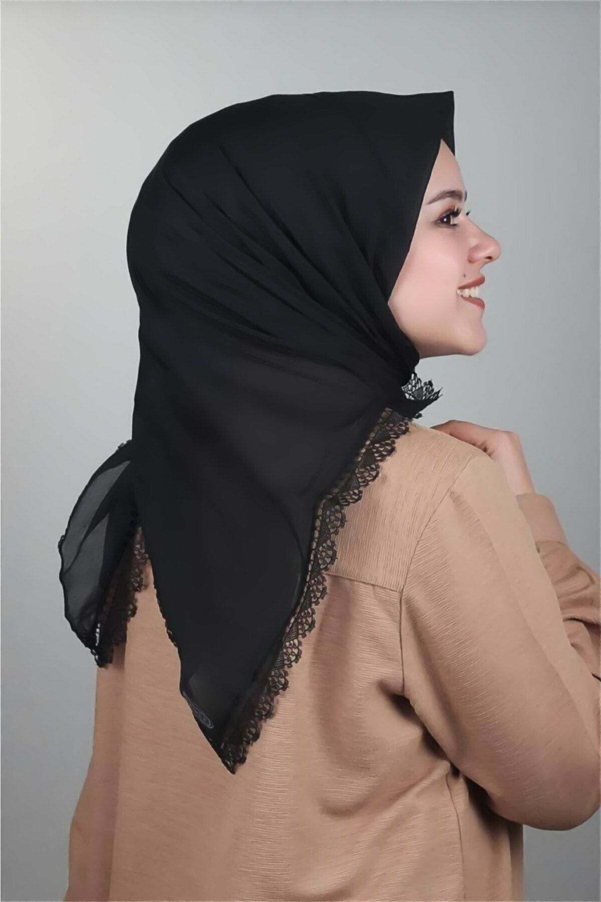 Iğne Oyalı Dantel Güpürlü Tülbent, Siyah Renk Baş Örtüsü Yazma