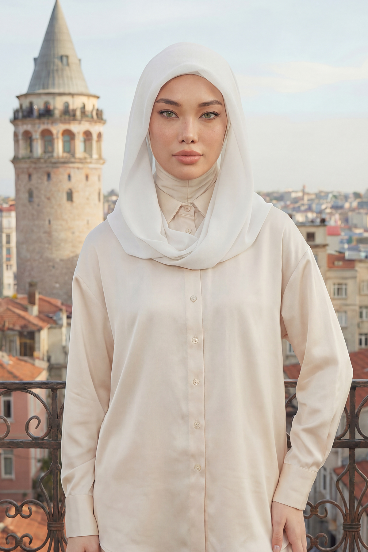 Penye İç Boneli Pratik Şifon Eşarp,Krem,PS-45