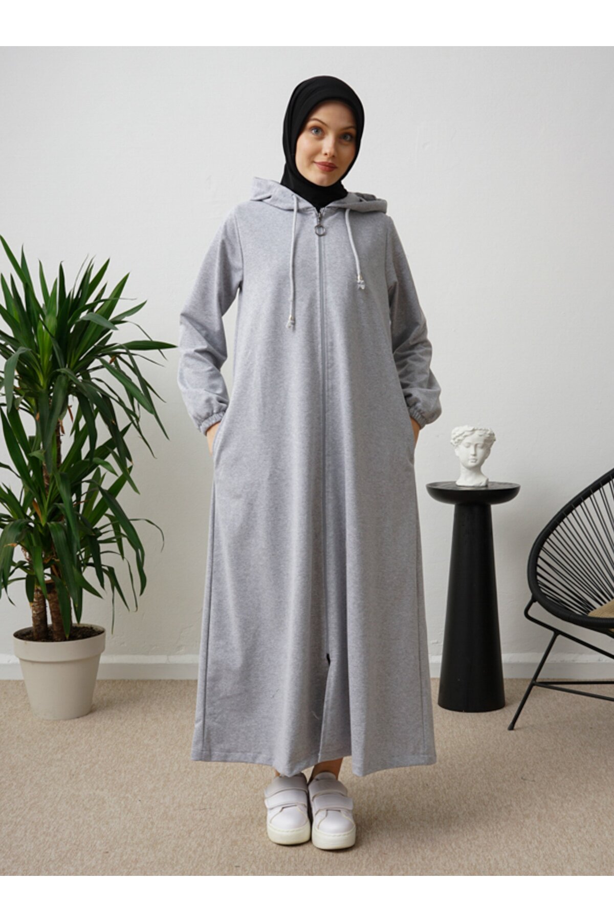 Kapüşonlu Uzun Spor Kap - Gri - Por La Cara