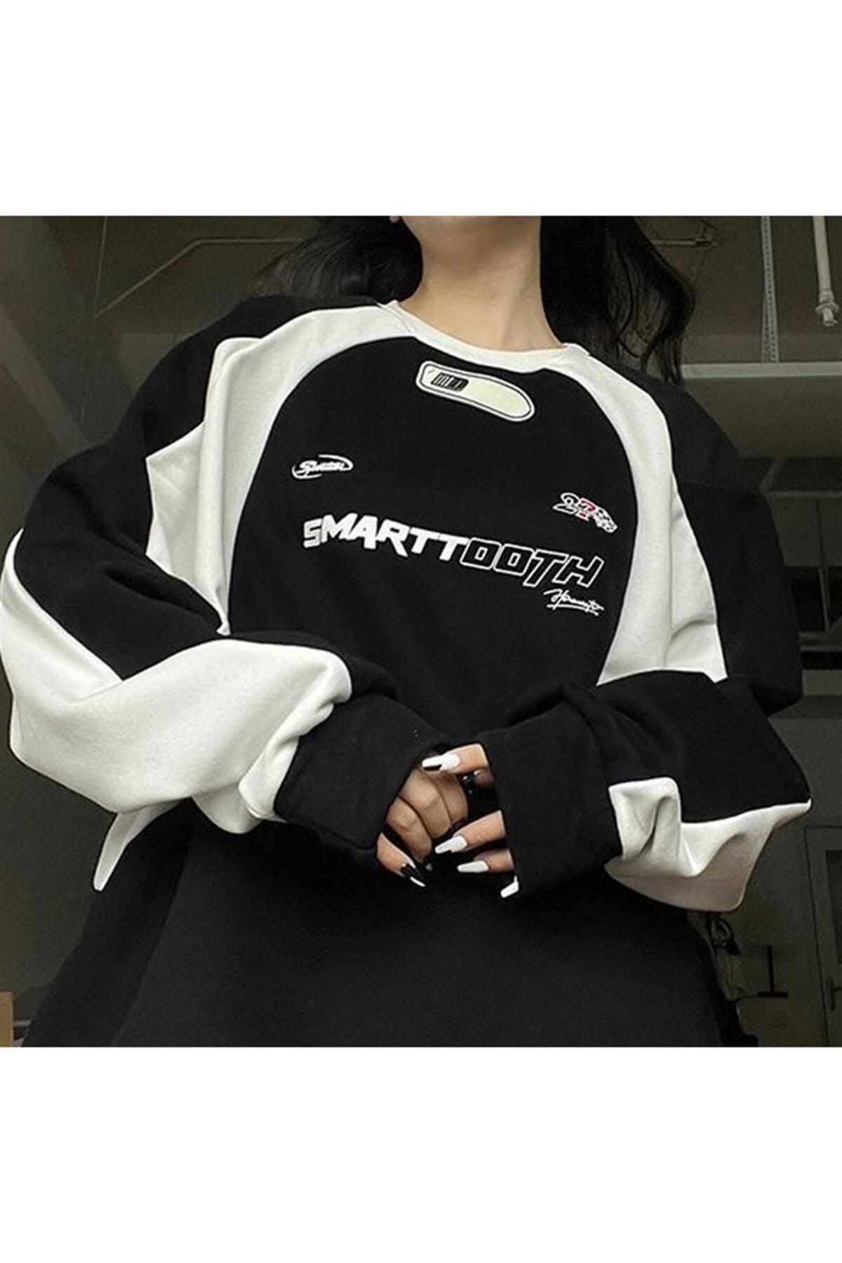 Y2K Streetwear Smarttooth Baskılı Siyah Unisex Oversize Bisiklet Yaka Sweatshirt