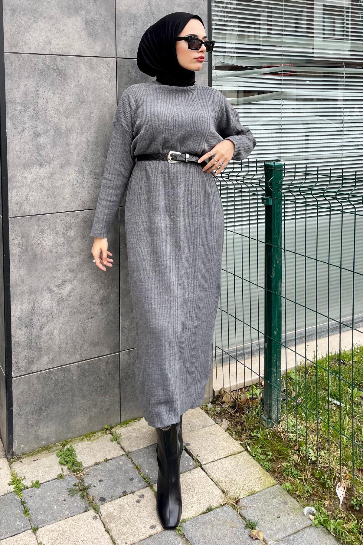 Fitilli Triko Elbise Füme