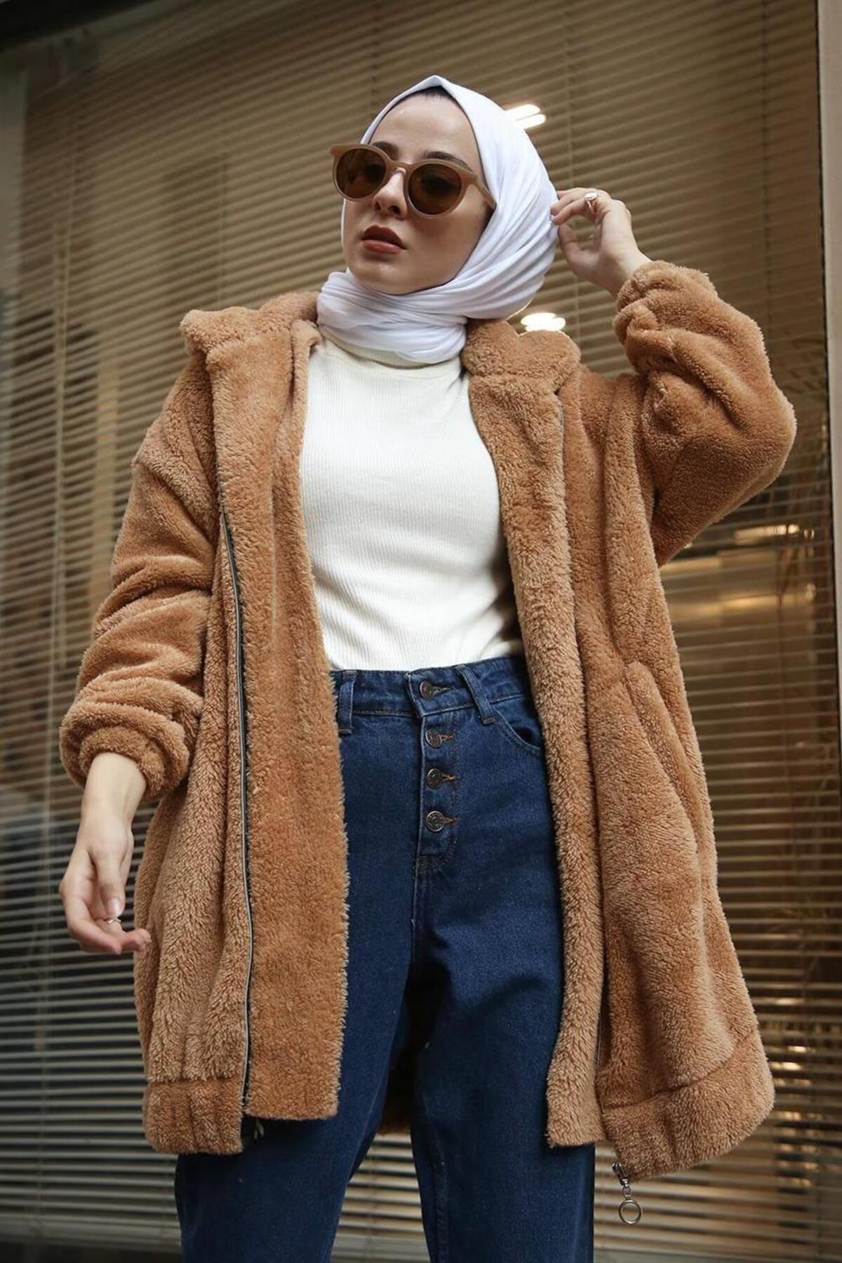 kadın modest basic mevsimlik kışlık Fermuarlı cepli Peluş Tesettür Hırka kap