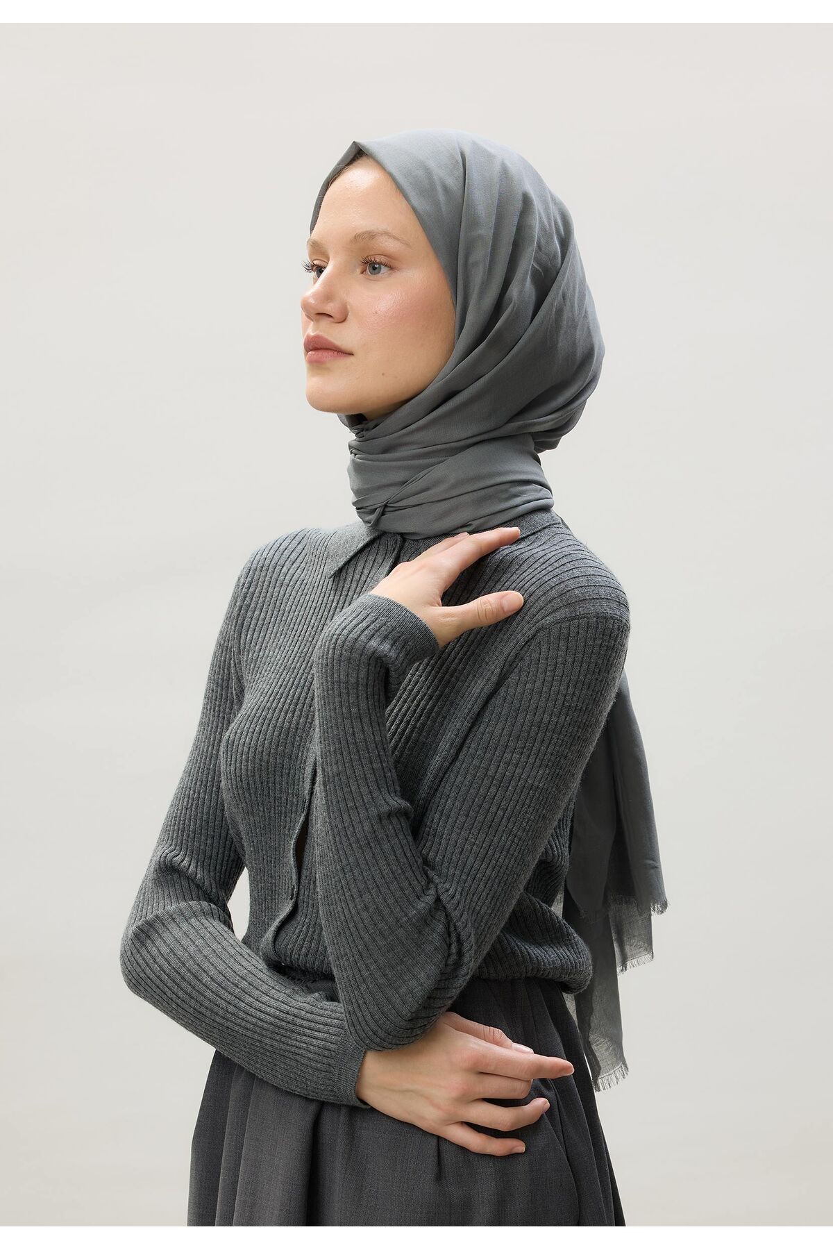 İnce Pamuk Vual Şal Soğuk Gri