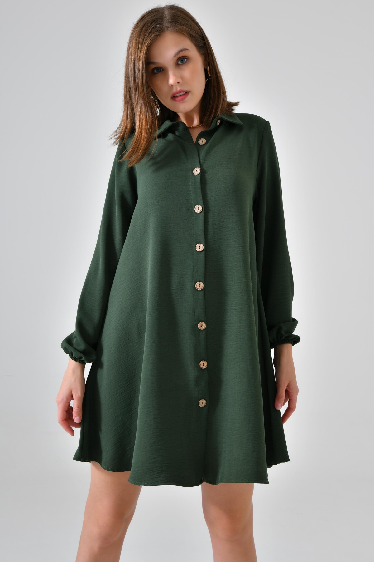 Koyu Haki Ahşap Düğmeli Tunik