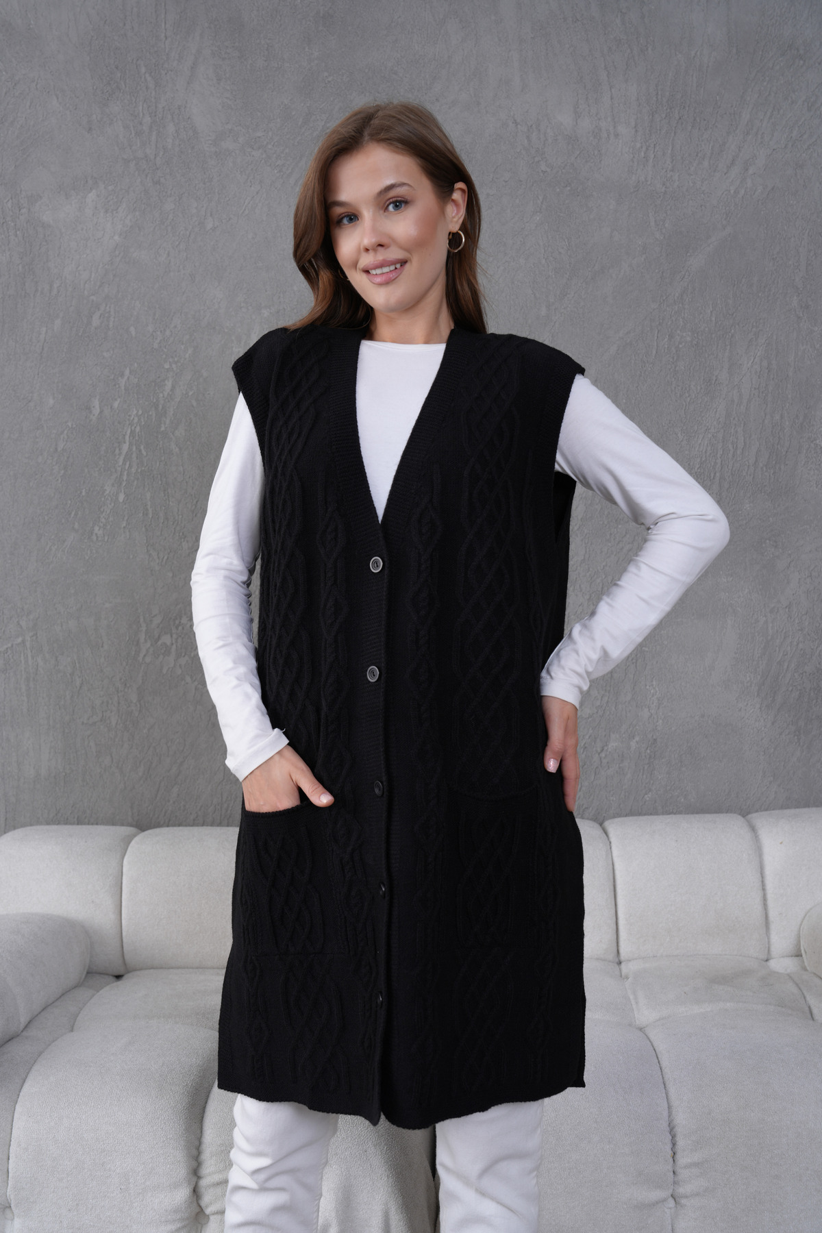 Triko Harttuş Uzun Yelek