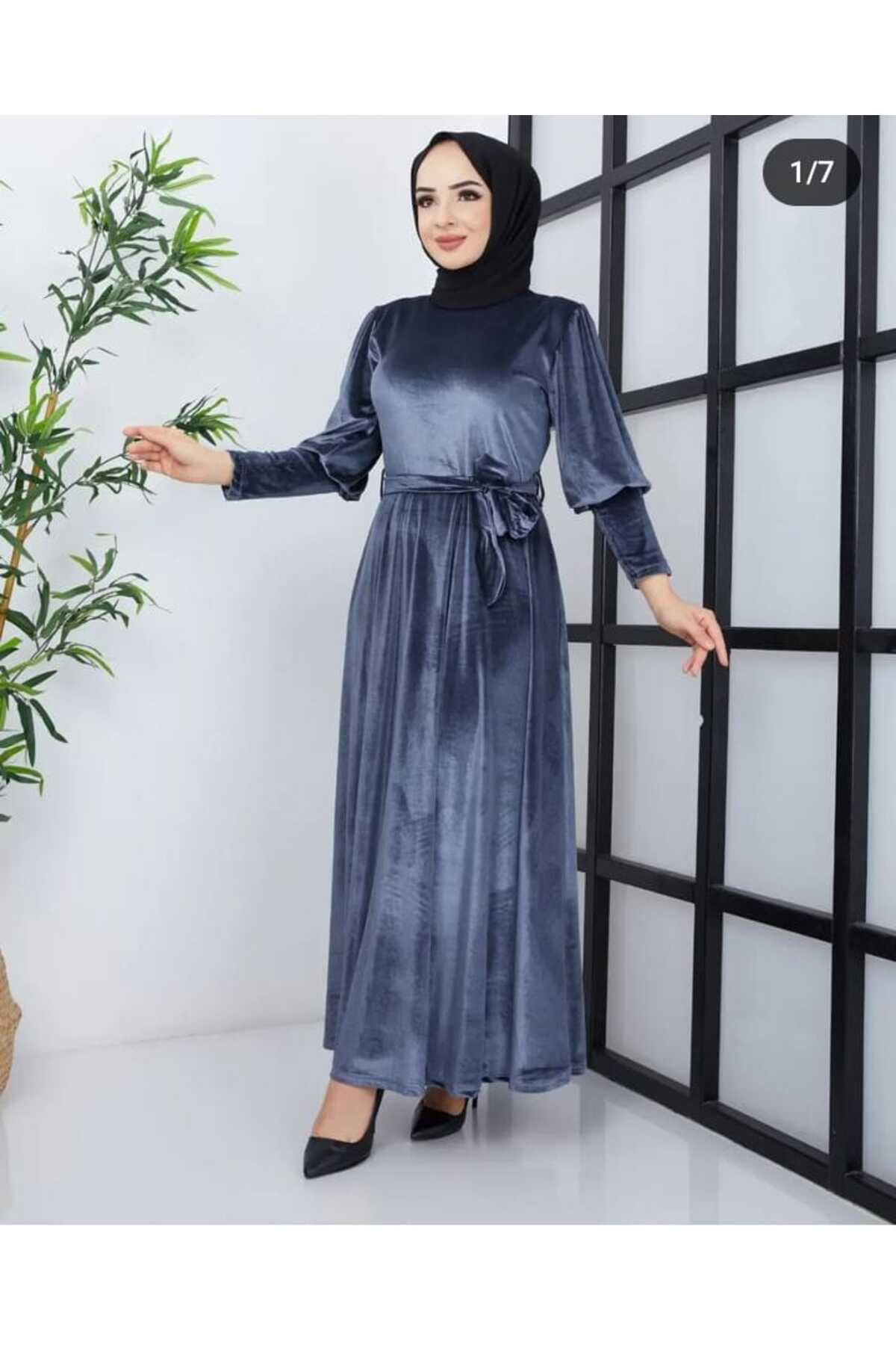 Kadın Gri Balon Kol Kadife Kumaş Elbise