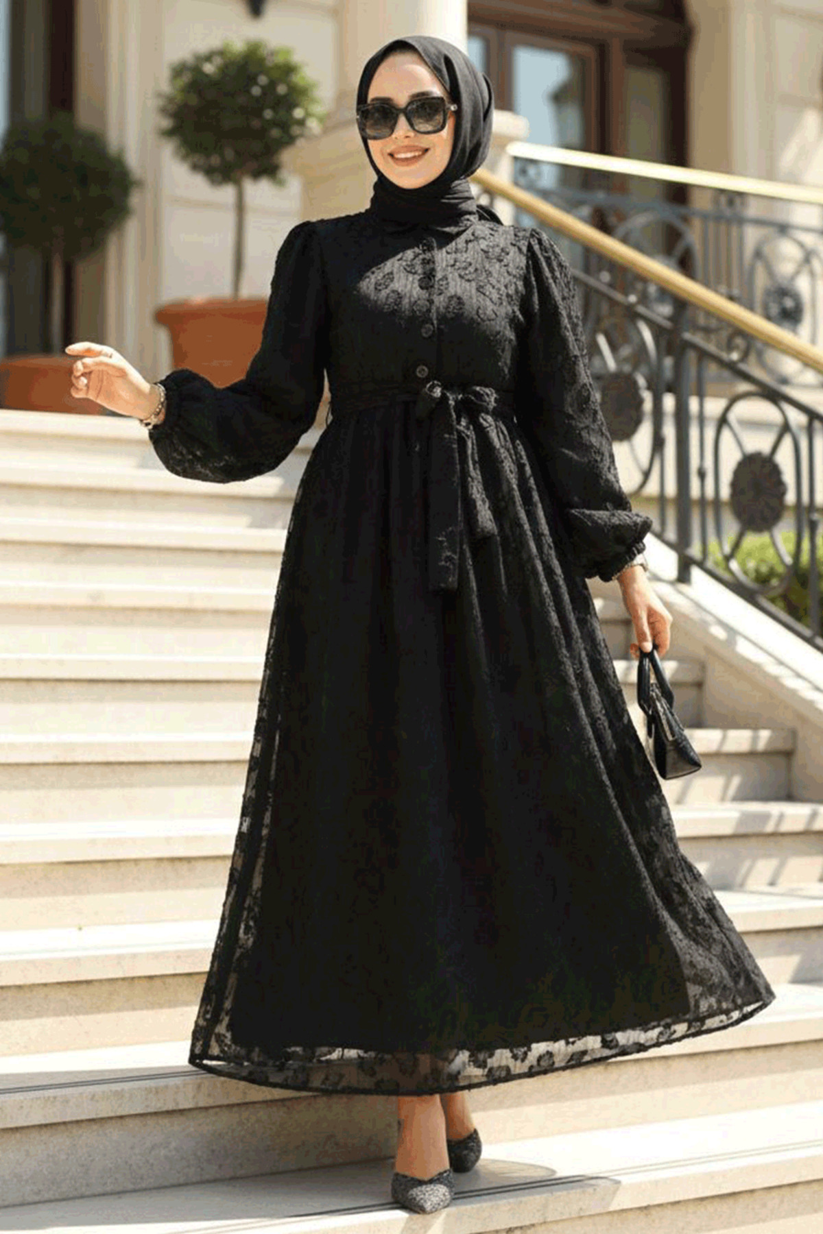 Desenli Siyah Tesettür Elbise 14012S