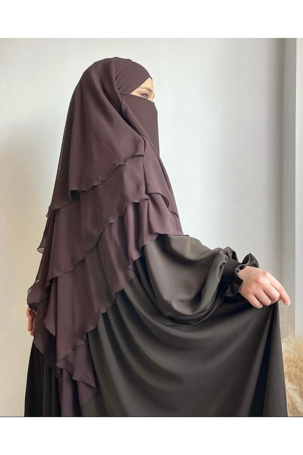 Şifon sufle khimar şal orta boy hazır peçeli dört ipli