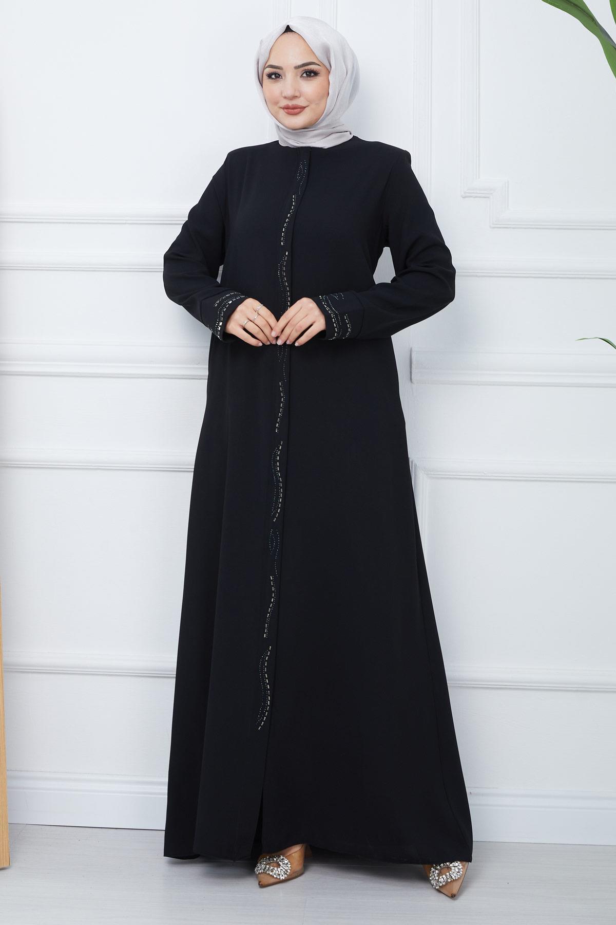 Petek Kumaş Büyük Beden Taşlı Ferace Siyah HM2352