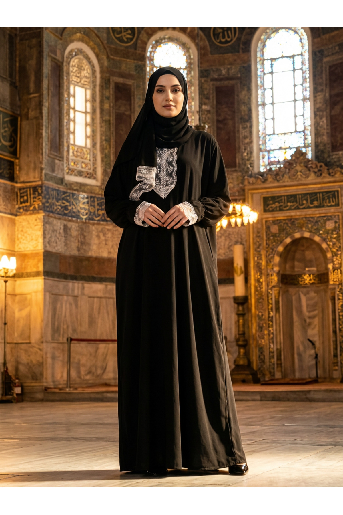 Kadın Mevsimlik Tek Parça Kendinden Başörtülü Dantelli Terletmeyen Dökümlü Ferace Namaz Elbisesi