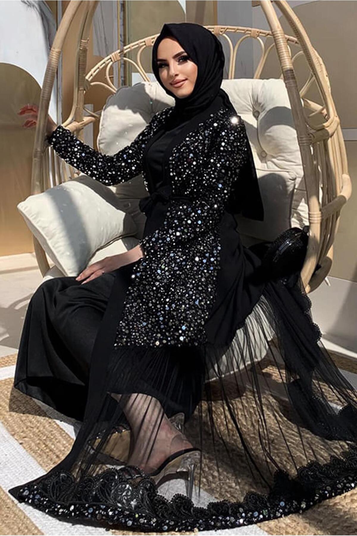 KADIN SİYAH (SİYAH-GÜMÜŞ) PUL PAYETLİ ABAYA T 6737