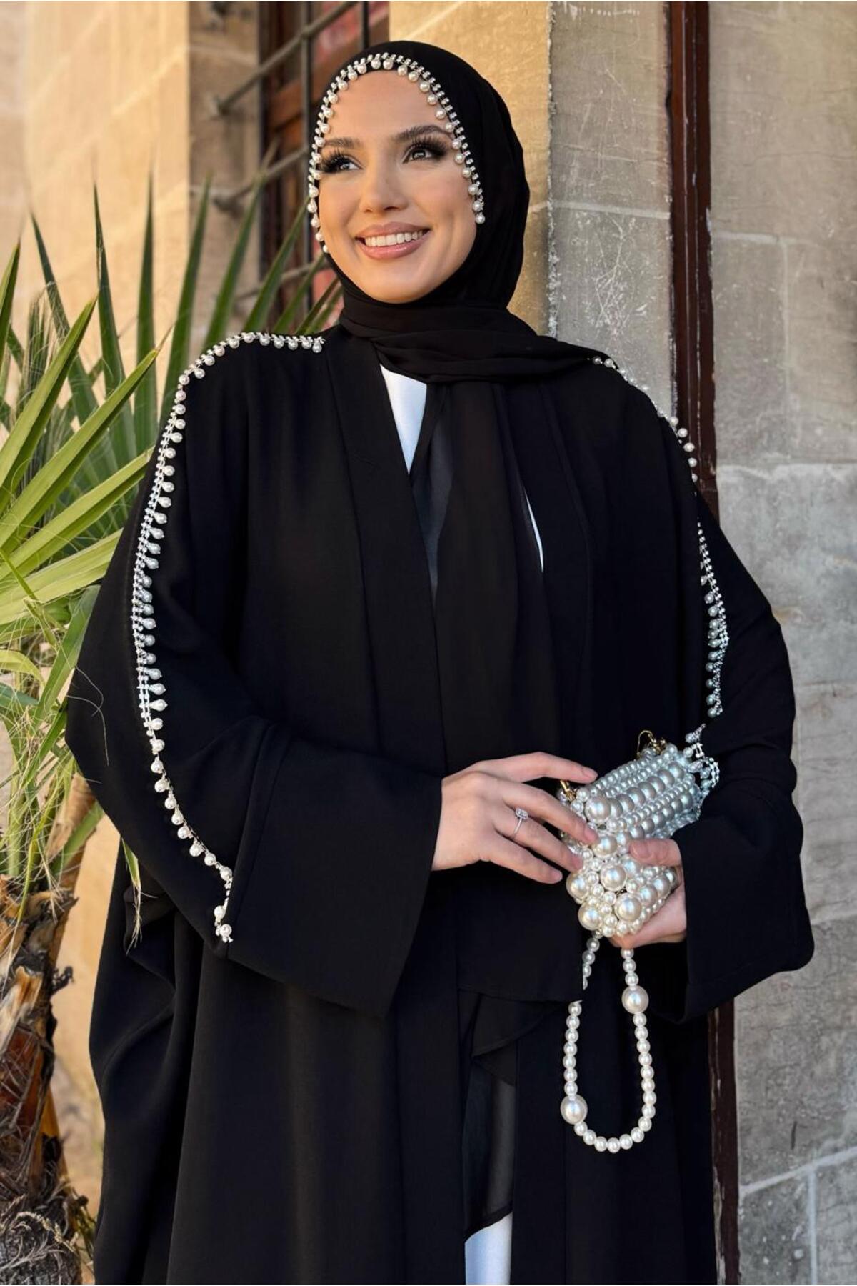 KADIN SİYAH İNCİ DETAYLI TULUMLU ABAYA TAKIM T 2948