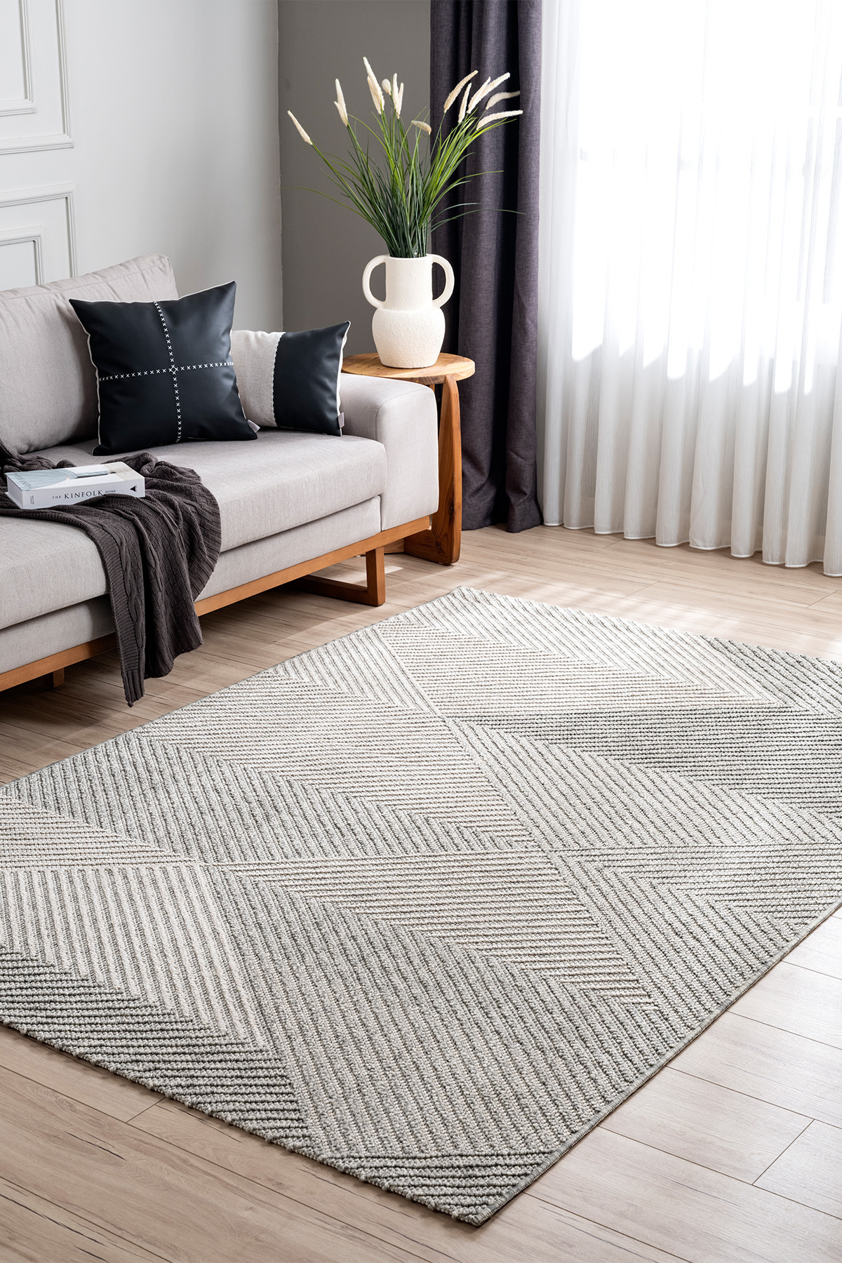 Retro Krem Gri Geometrik Desenli Tozumaz Salon Koridor Balkon Teras Bahçe Oturma Odası Halısı 19270a