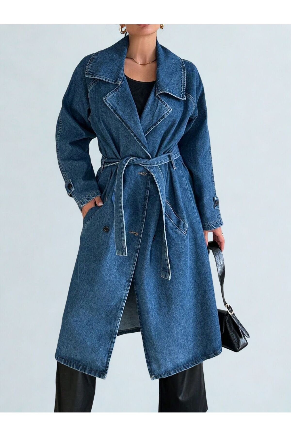 Kadın Kruvaze Yaka Denim Trençkot Mavi