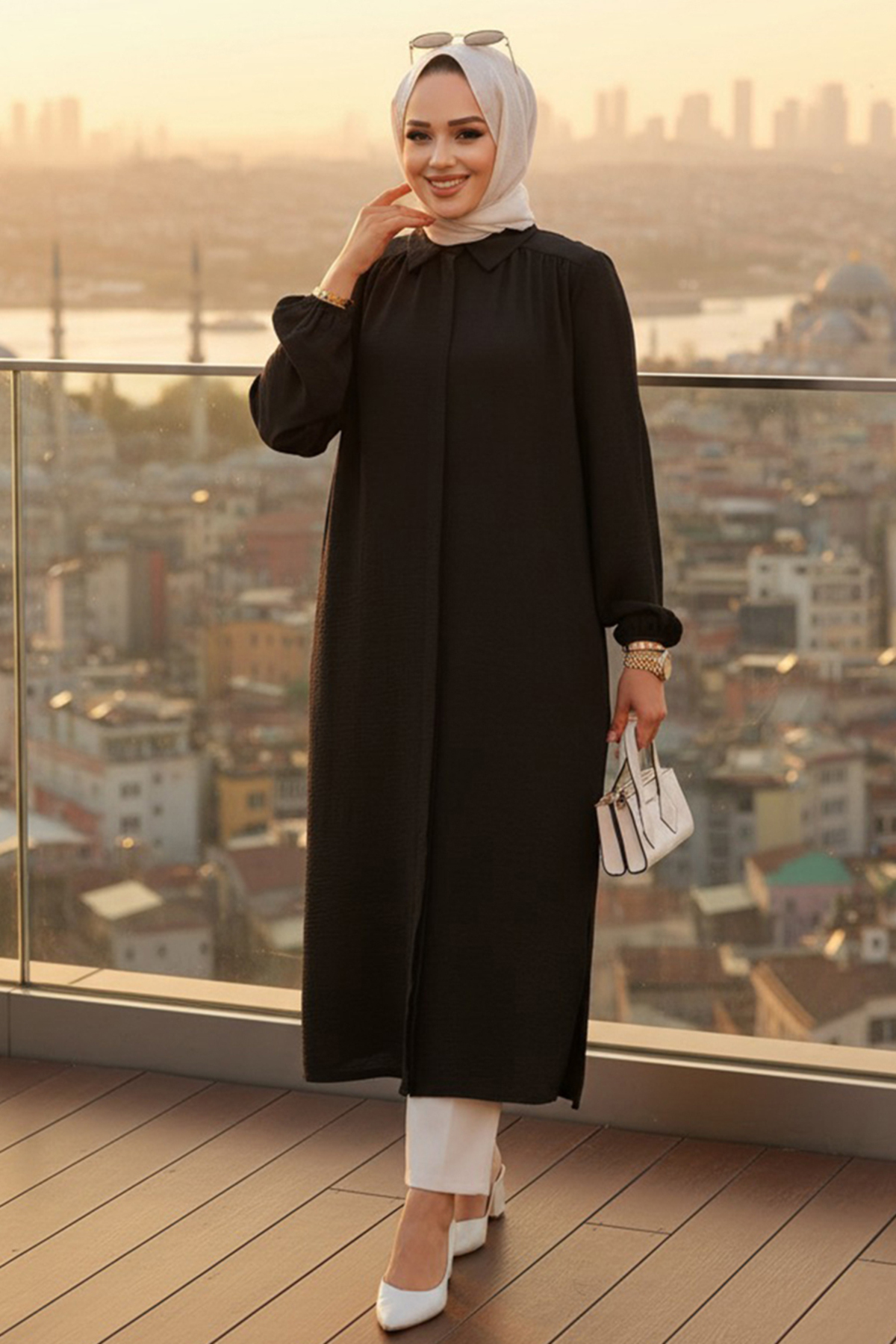 Düğmeli Siyah Tesettür Elbise 41401S