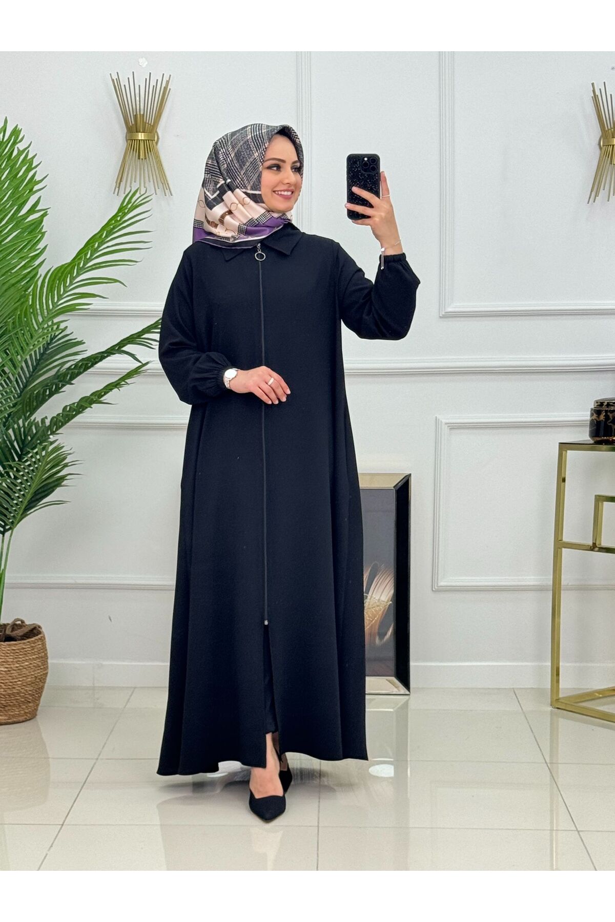 Rüya Ferace İnce Yazlık Linda Krep Kumaş Fermuarlı Tesettür Dış Giyim ST2147