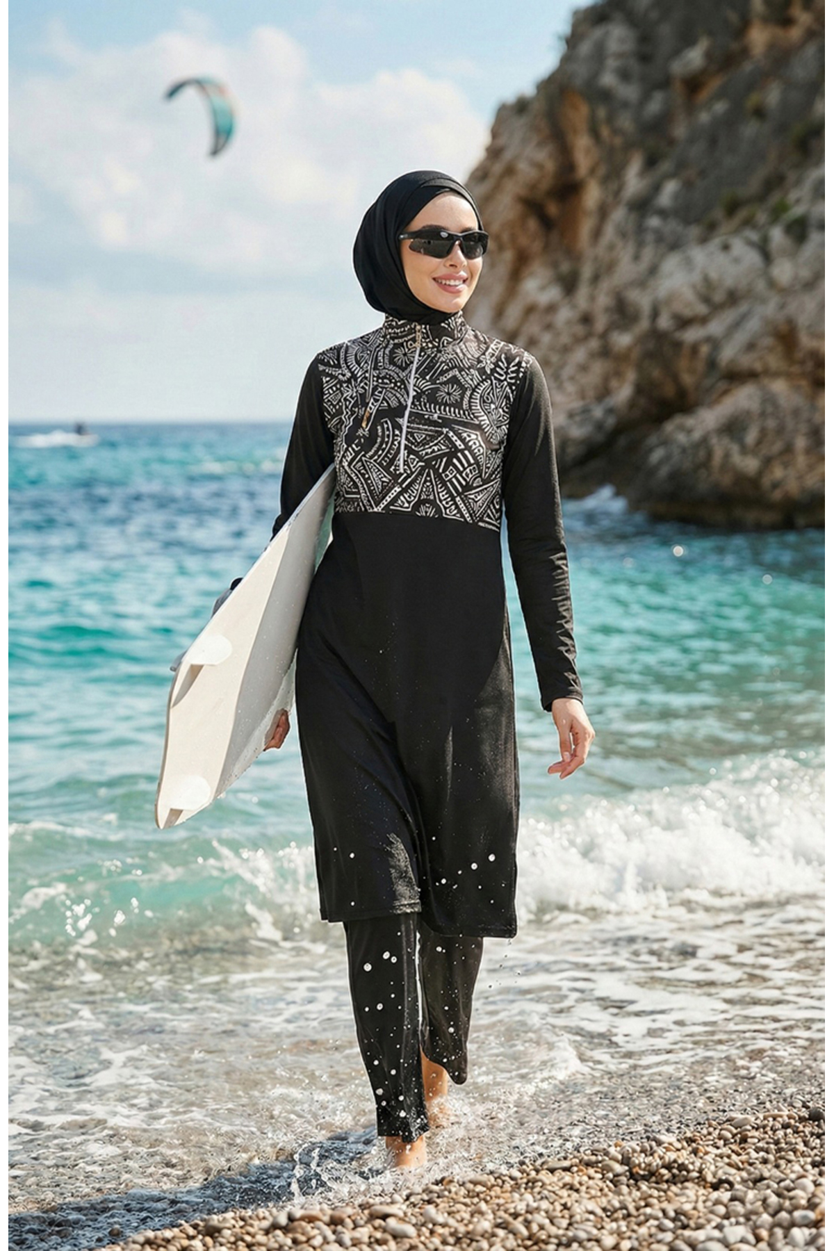 Etnik Desenli Likralı Tesettür Mayo 2313-01 Siyah