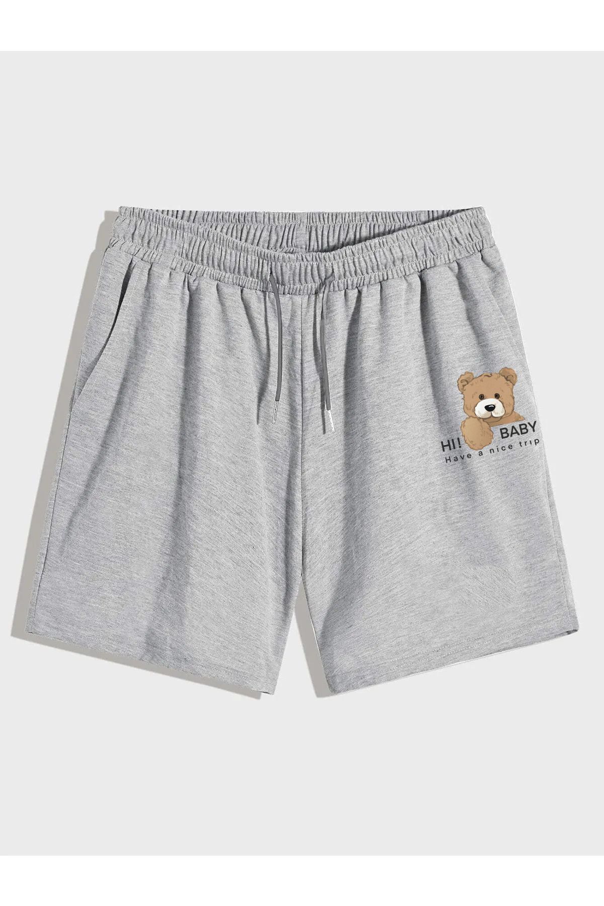 Teddy Bear Baskılı Oversize Salaş Kesim Yazlık Şort - Siyah Gri Yazlık Alt Penye Şort