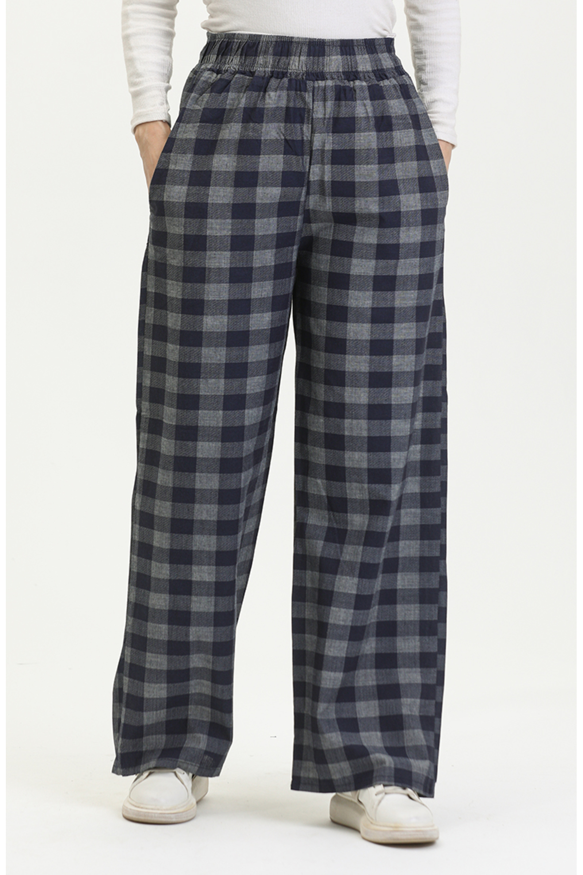 Beli Lastikli Ekose Desen Kot Pantolon 2734-02 Lacivert