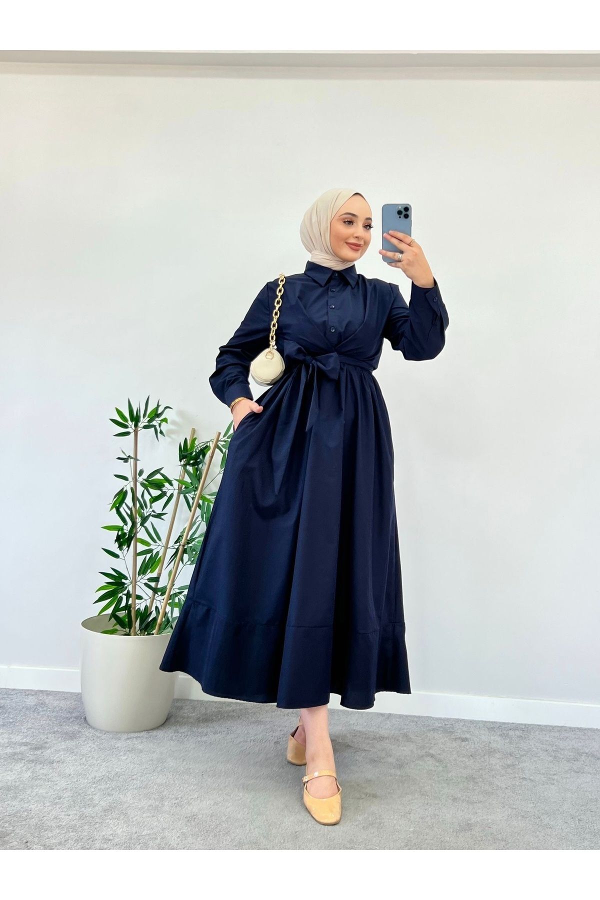 Belden Bağlamalı Tesettür Elbise-Lacivert