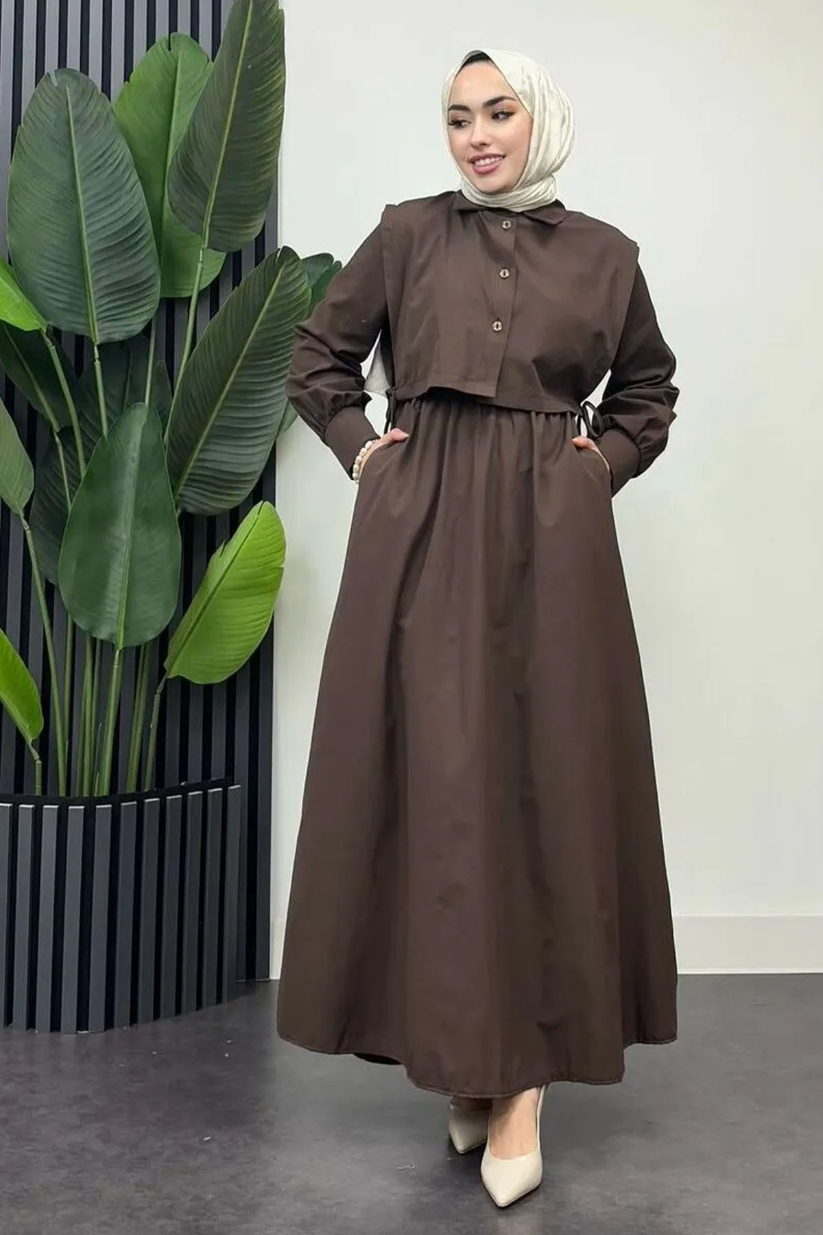 Venüs Yelekli Elbise Kahverengi