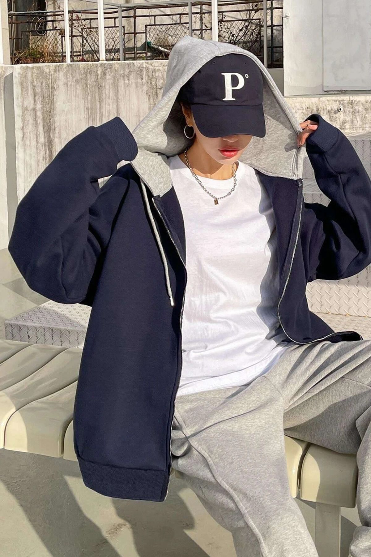 Unisex Lacivert Gri Kapüşonlu Oversize Hırka Zip 2 Iplik Orta Kalınlık