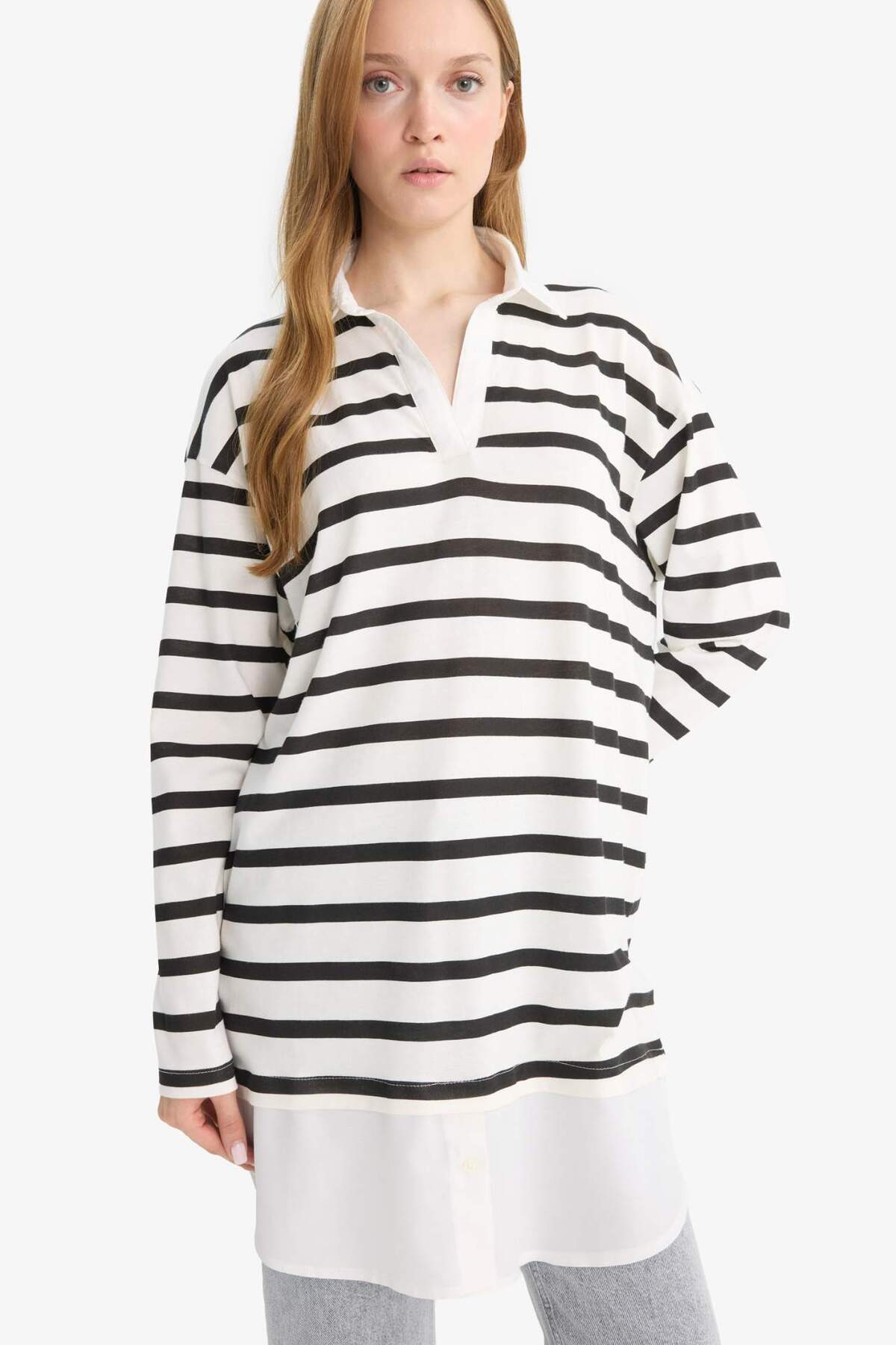 Regular Fit Çizgili Polo Yaka Etek Ucu Detaylı Uzun Kollu Tişört Tunik D2183AX24AU