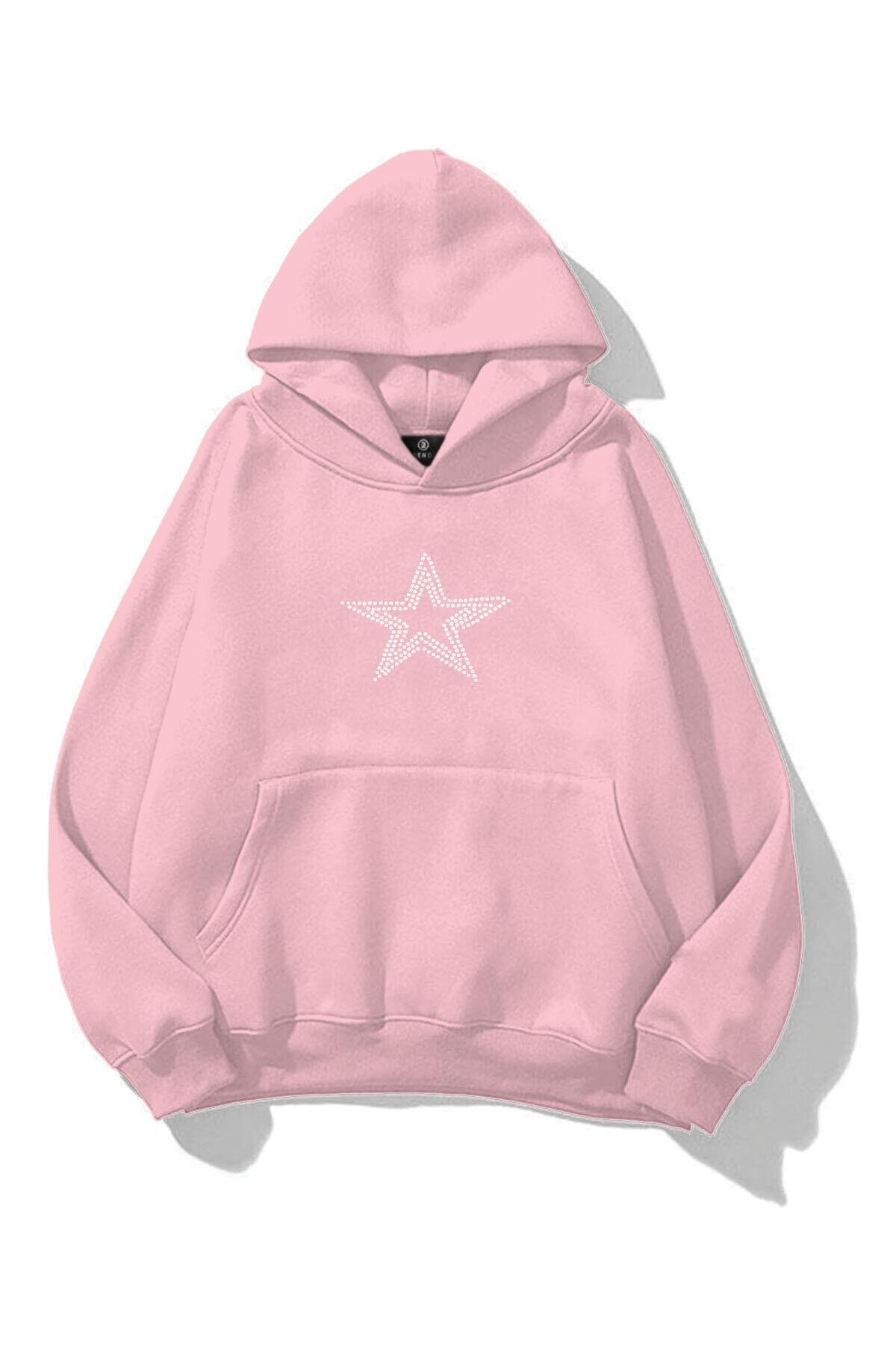 Unisex Star Stroke Taş Baskılı Sweatshirt Pembe