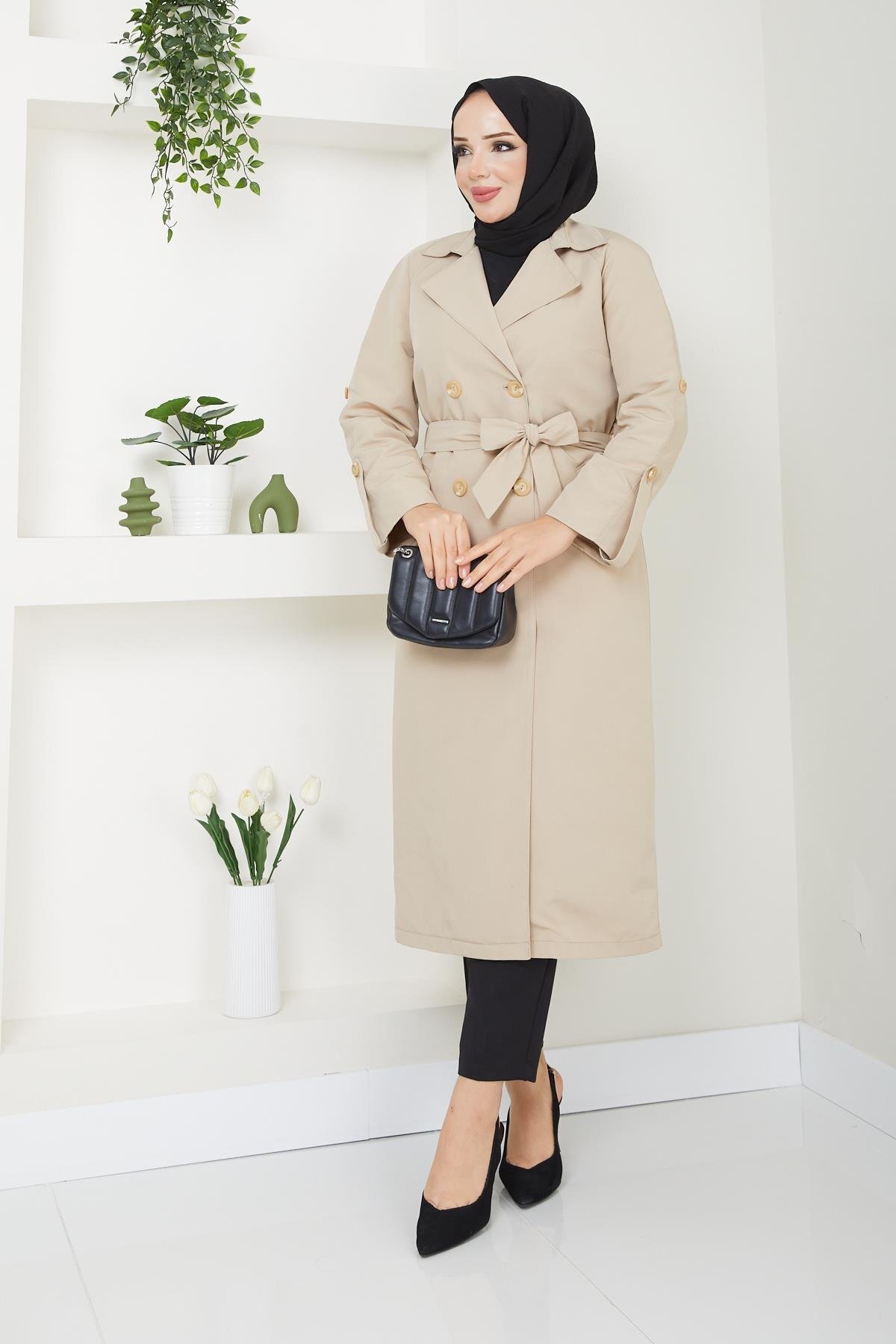 Tesettür Mevsimlik Kışlık Kadın Trençkot İçi Kürklü Astarlı 20245