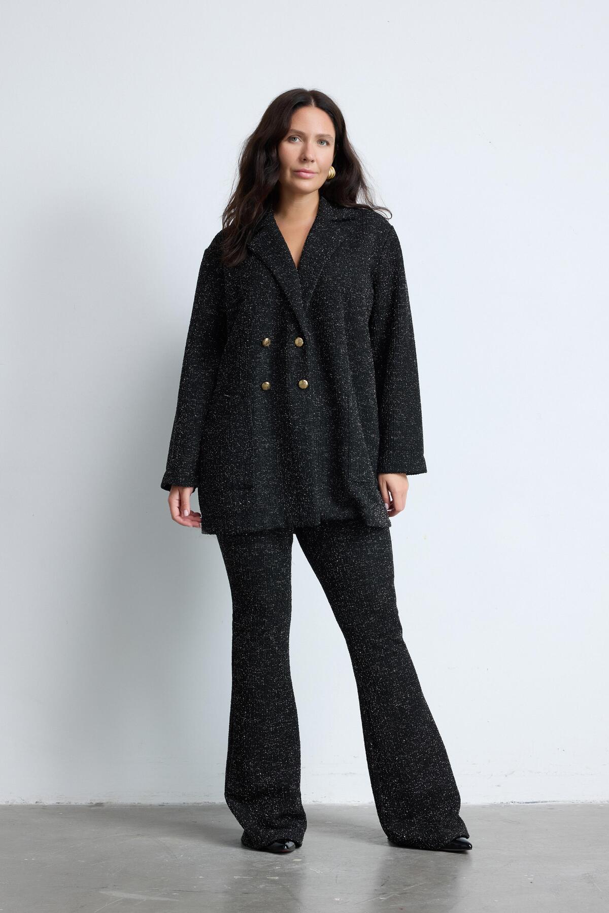 TRACEY Büyük Beden Siyah Kruvaze Tüvit Ceket Siyah