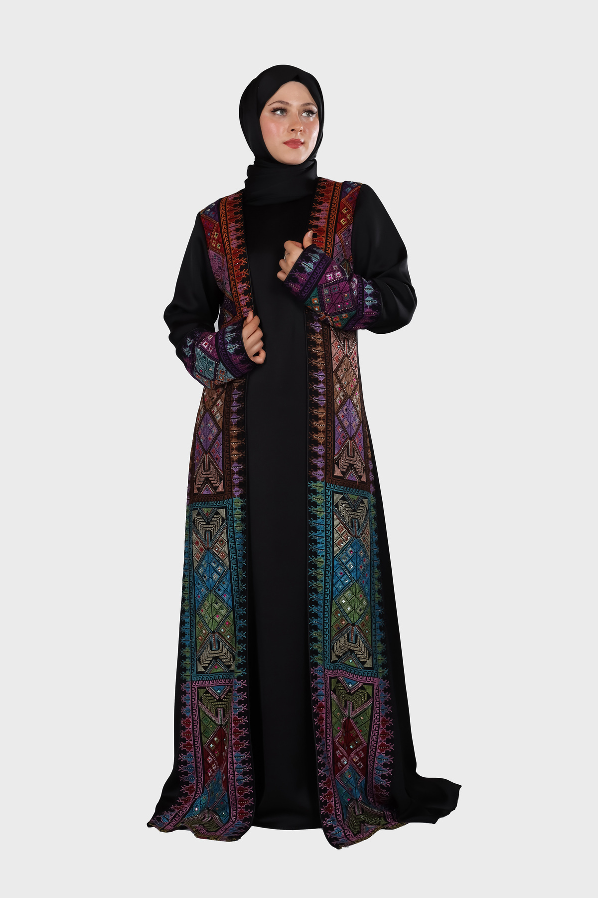 Lüx Filistin Takım- Özel Tasarım Işlemeli Ferace Takımı - Abaya, Elbise Ve Şal Seti