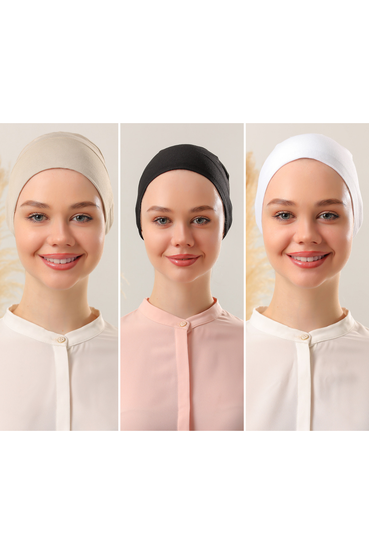 Kadın Tesettür Dikişli Set Bone Siyah Beyaz Bej 3 adet Bağlamalı Penye Bone