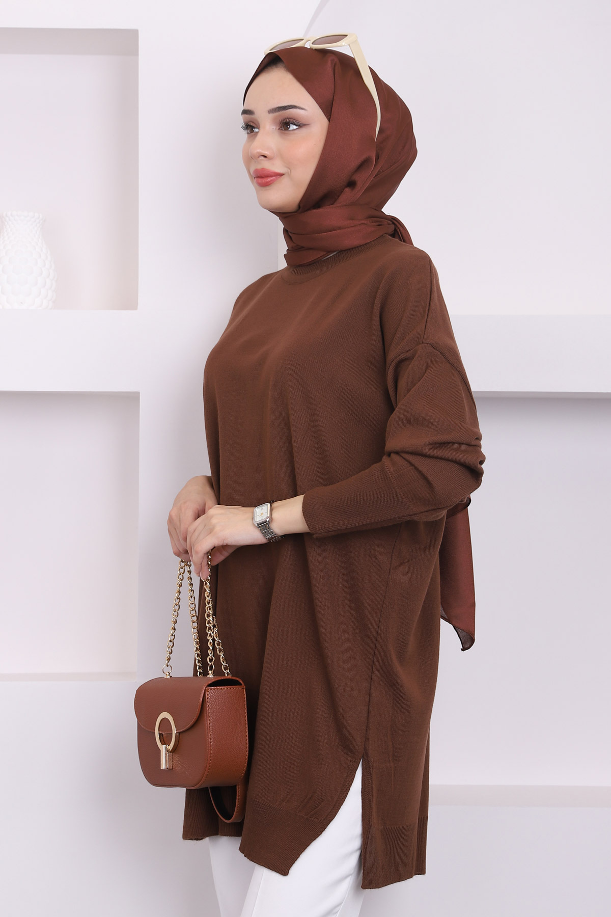 Kahverengi Bisiklet Yaka Merserize Salaş Triko Tunik