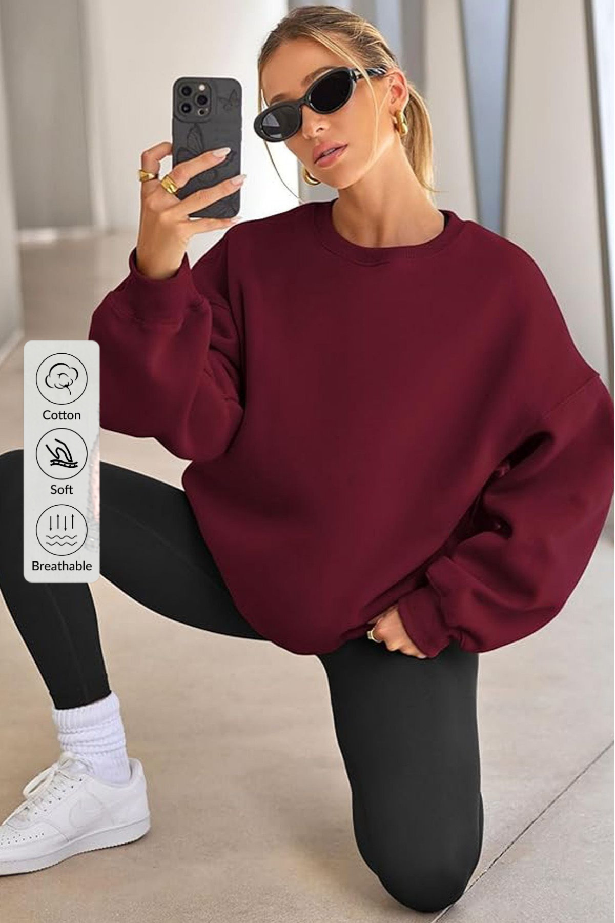 Kadın Bisiklet Yaka Basic Oversize Sweatshirt BORDO