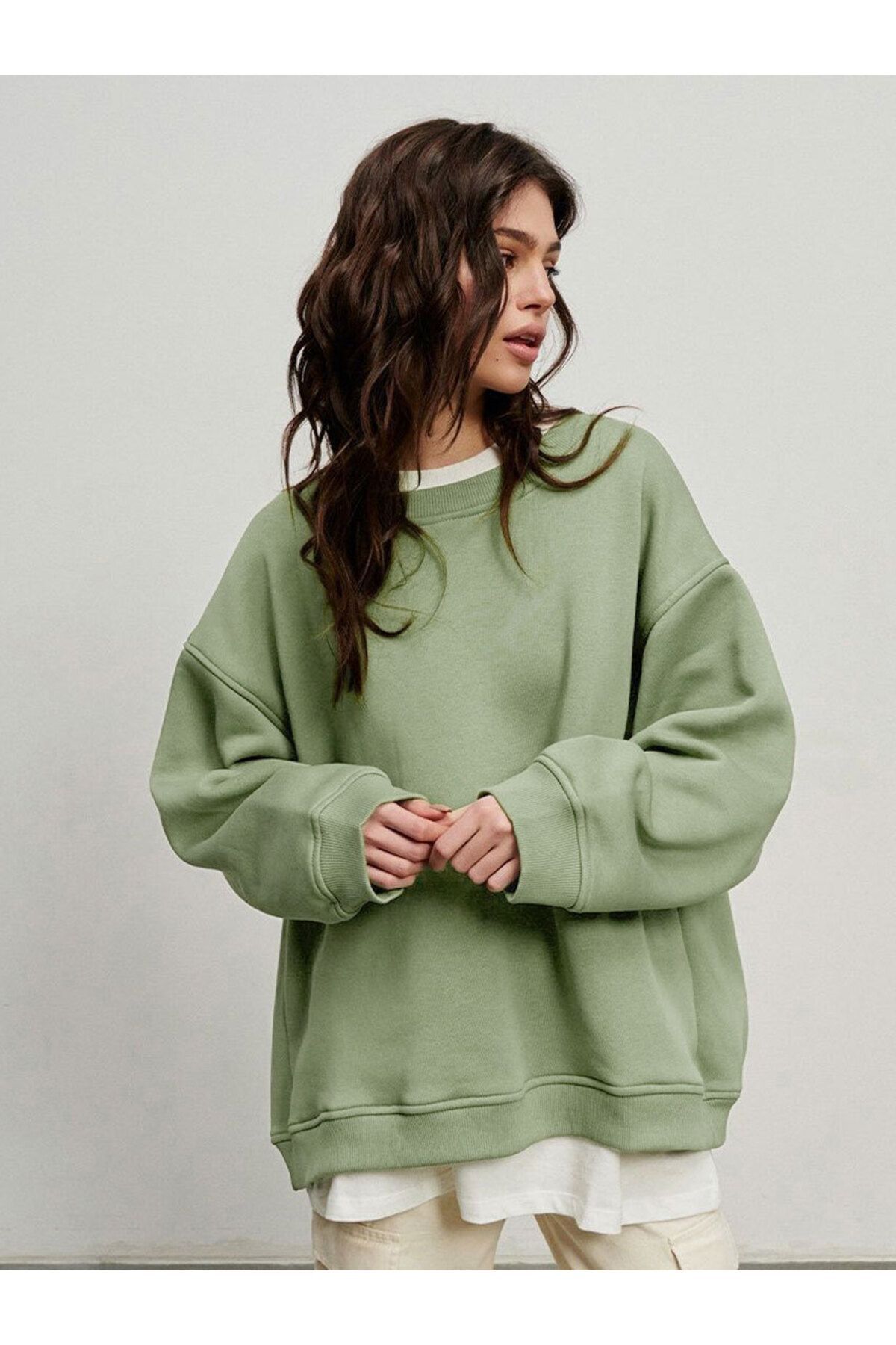 Kadın Bisiklet Yaka İçi Şardonlu, Kışlık Yumuşak Bol Sweatshirt HAKİ