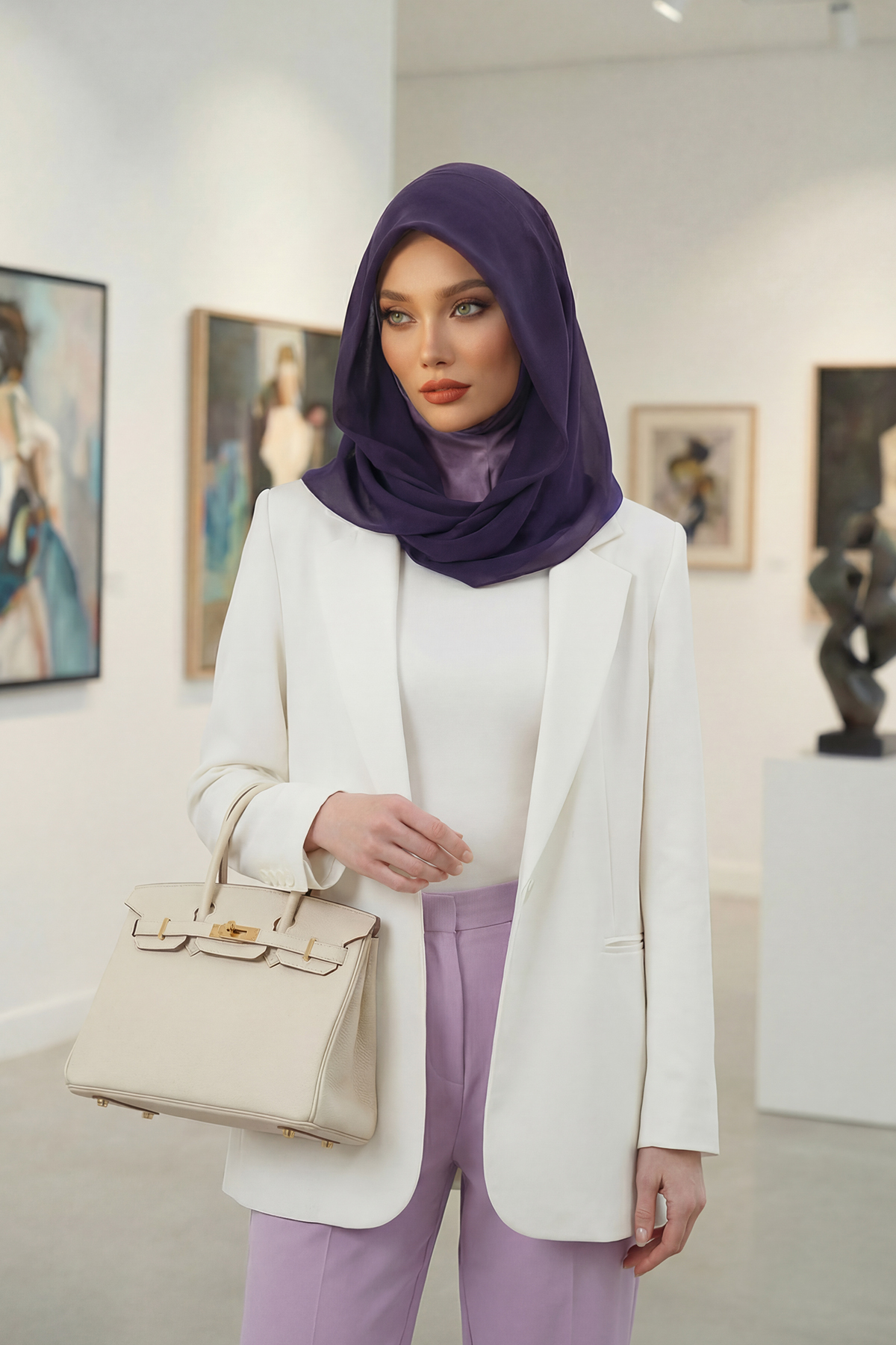 Penye İç Boneli Pratik Şifon Eşarp,Mor,PS-45