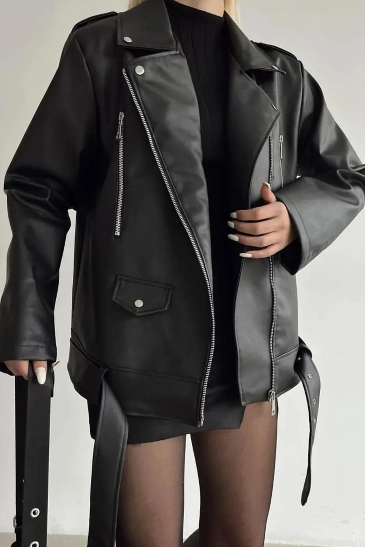 Elvera Yeni Sezon Oversize Uzun Kadın Siyah Deri Ceket