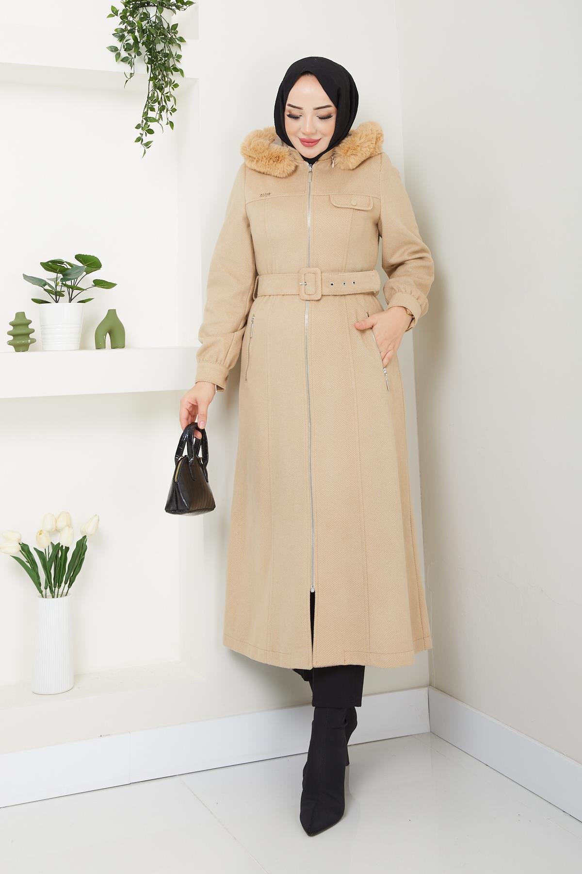 Dar Kalıp Kışlık Kadın Kaşe Kaban Fermuarlı Spor Model Kapüşonlu Araboy 57026