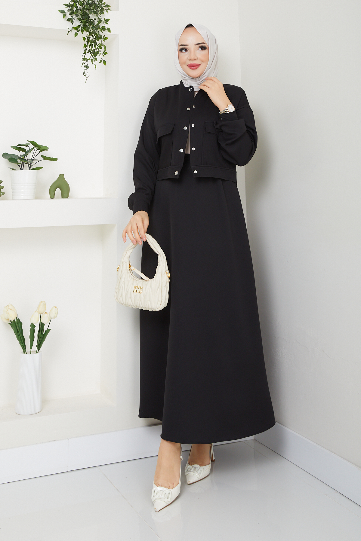 Kadın Çıtçıt Düğmeli Cepli Etekli Takım