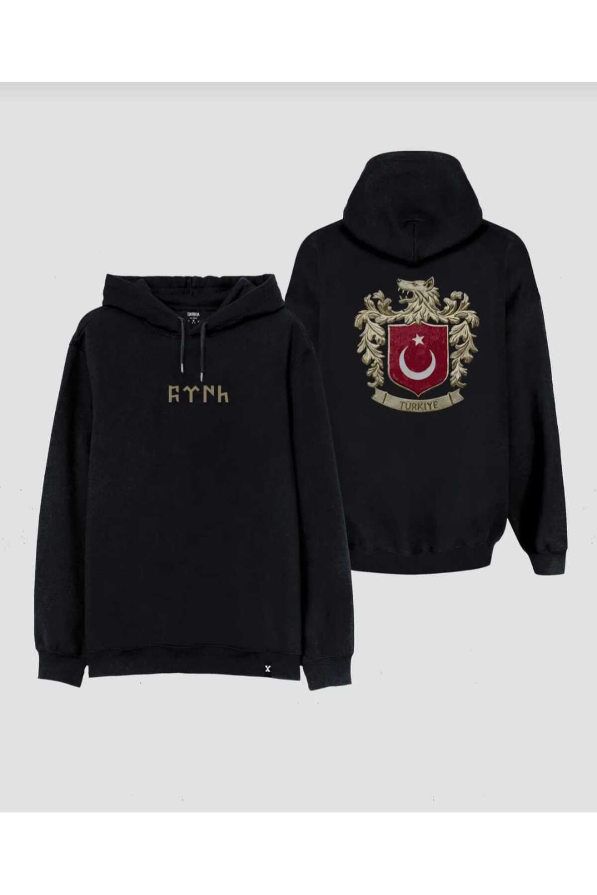 Türk Bozkurt Baskılı Kapşonlu Unisex Siyah Sweatshirt Hoodie