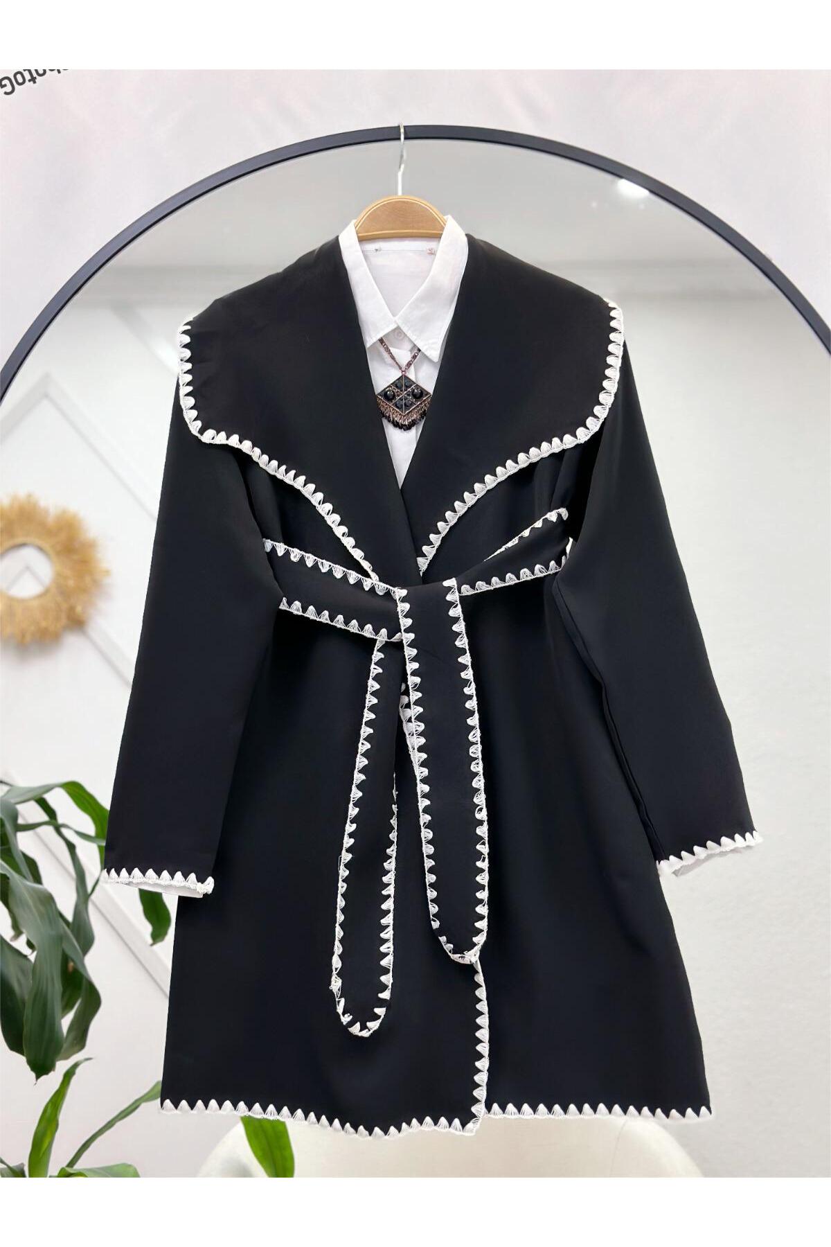 kadın nakış işlemeli kuşaklı ceket
