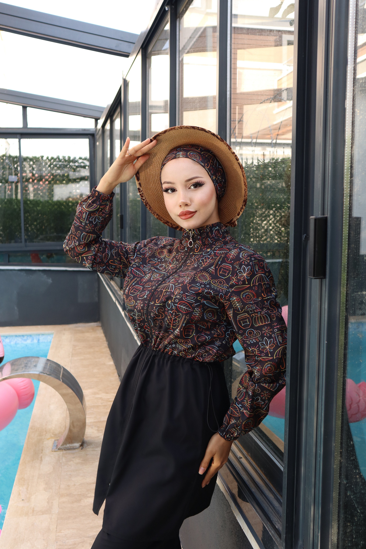 Afra Beli Ayarlanabilir Lastikli Su İtici Kumaştan 3lü Tam Kapalı Tesettür Mayo