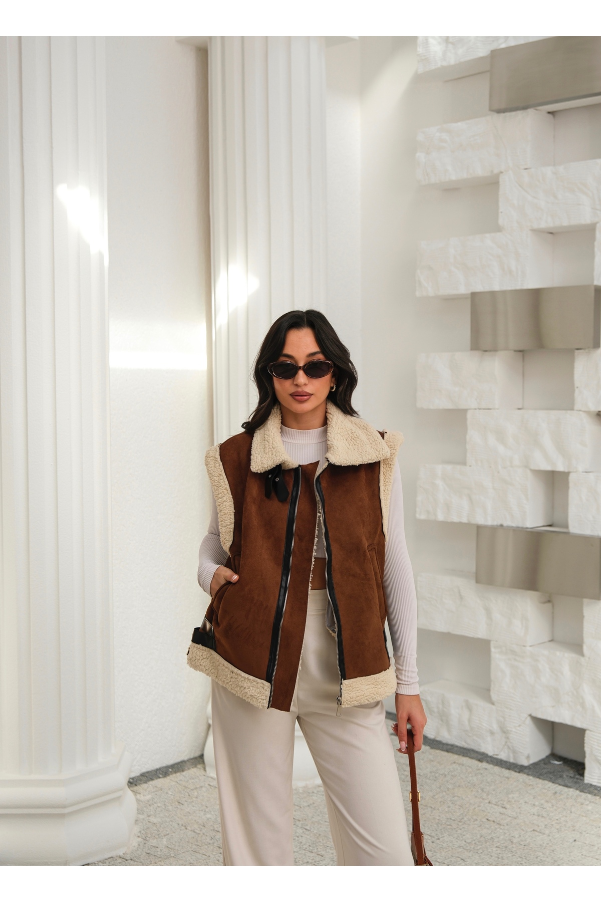 Kadın Içi Kürklü Süet Deri Görünümlü KALİTELİYelek