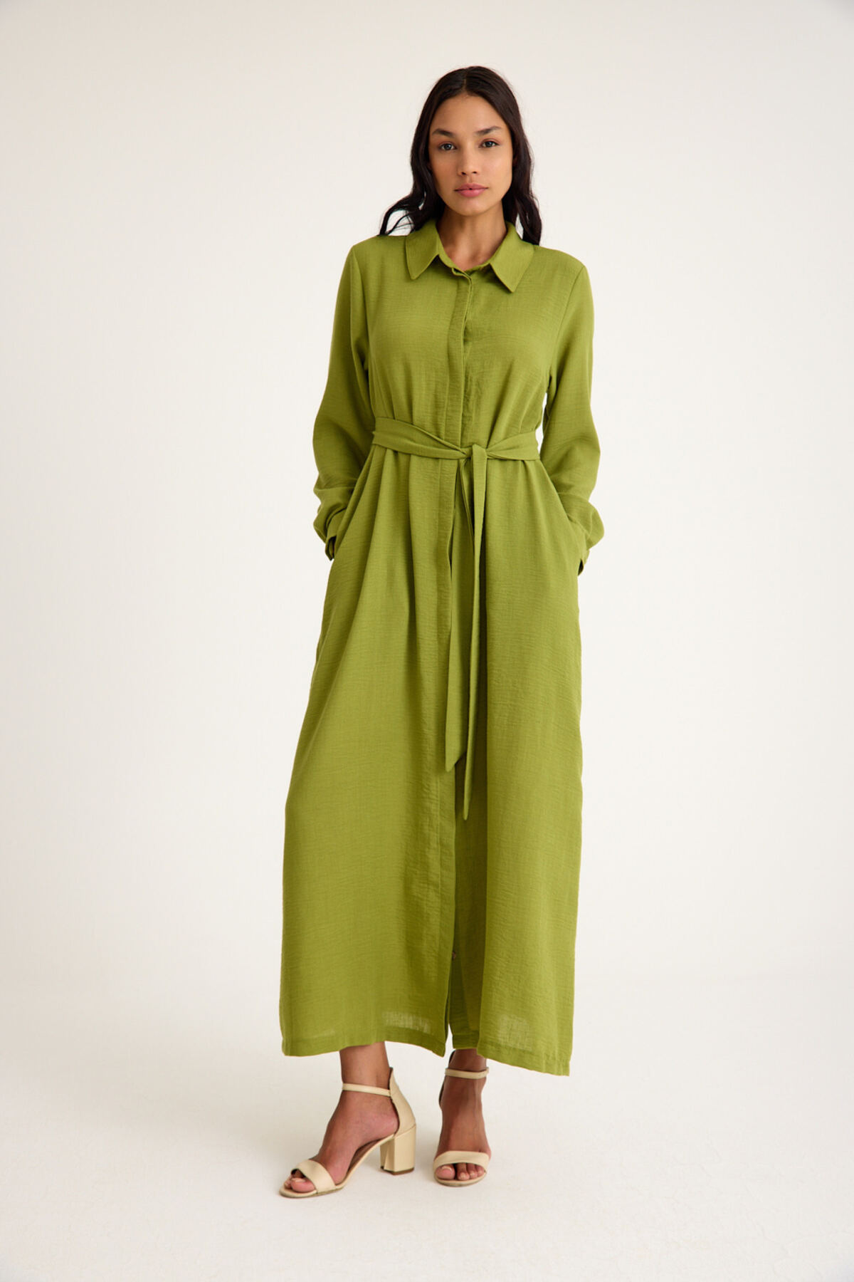 Keten Dokulu Gömlek Yeşil Elbise