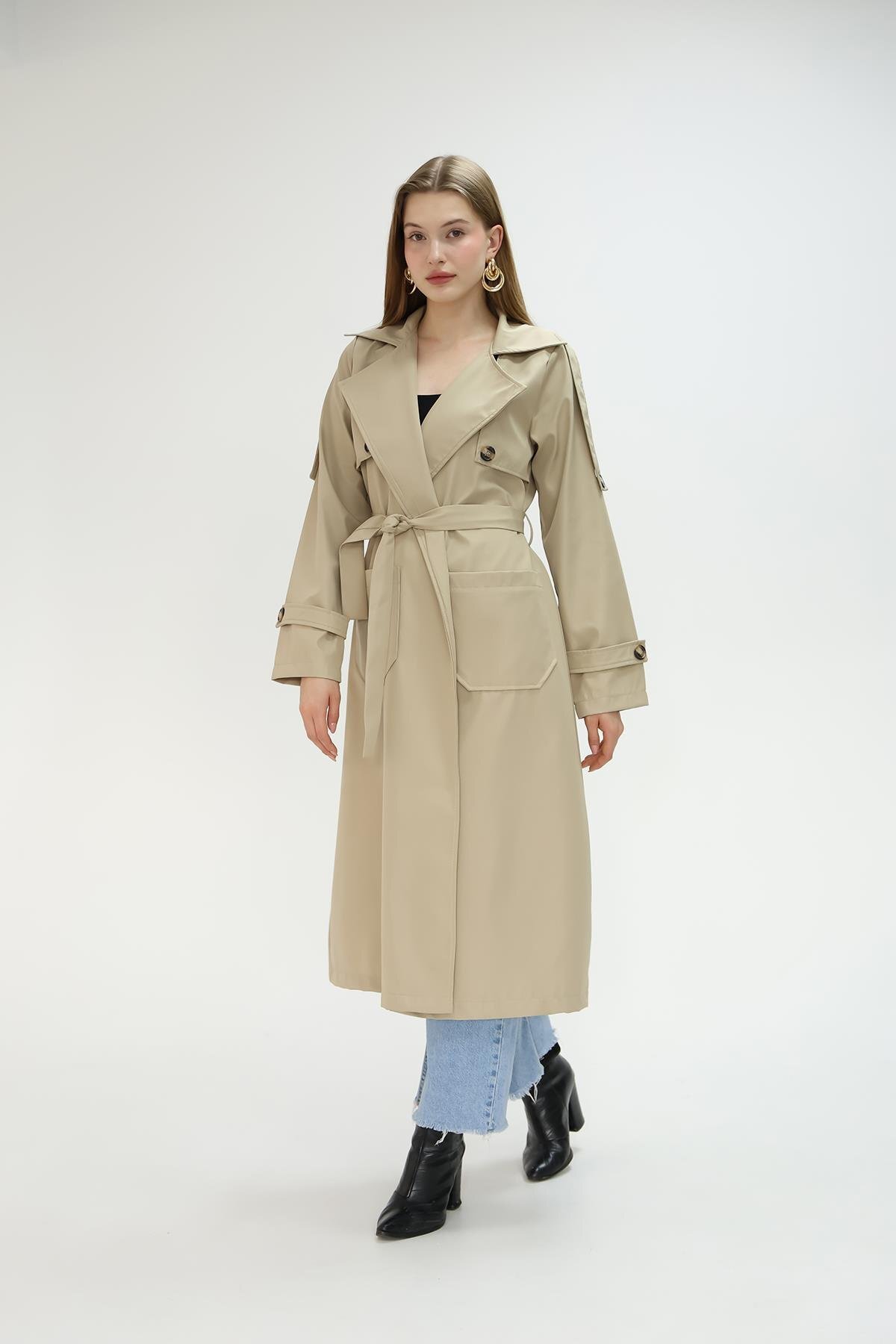 Cepli Kuşaklı Trençkot Bej