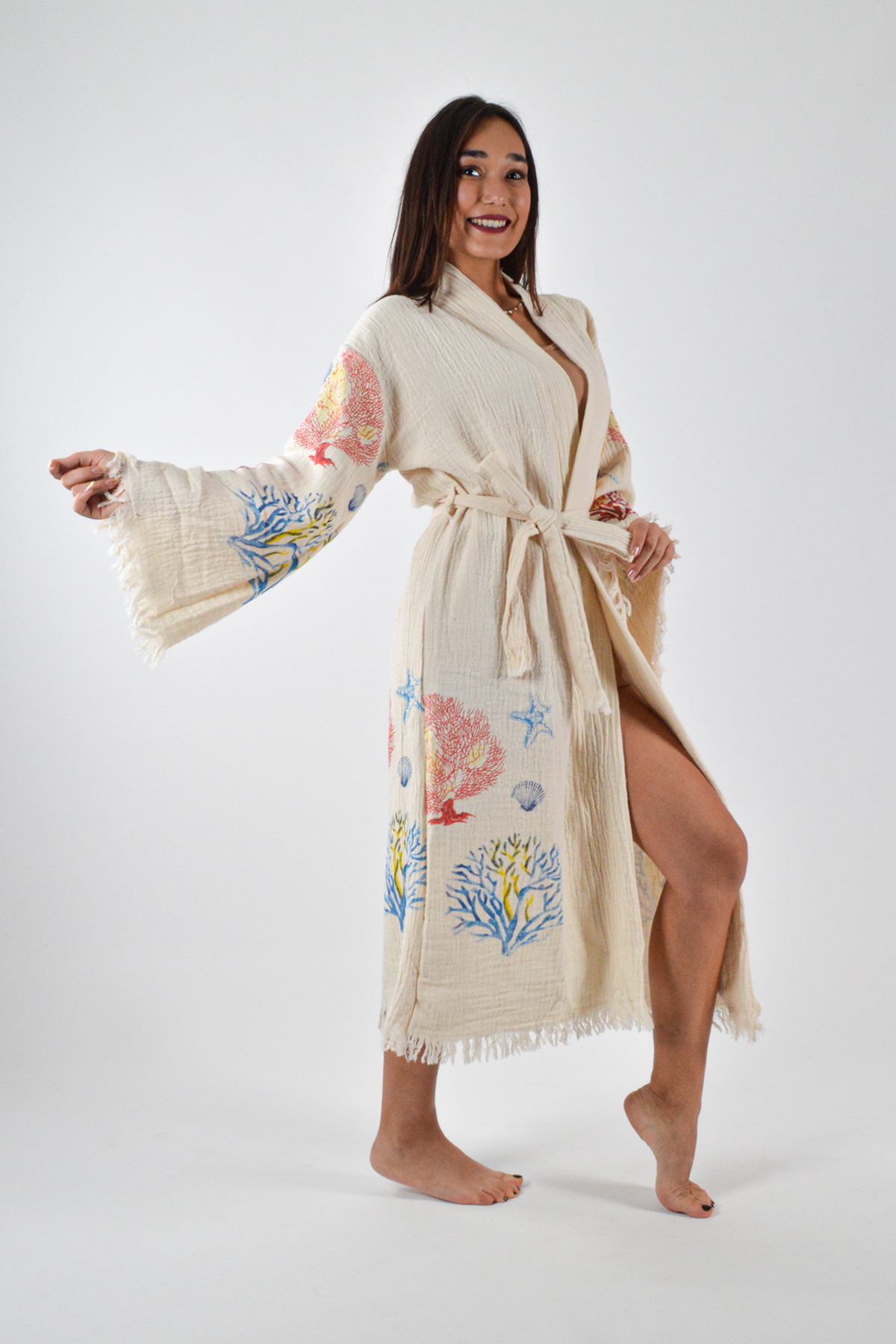 Kimono Kaftan Pamuklu Baskılı Kuşaklı 1 Adet Unisex Müslin Kumaş Peştemal Bornoz